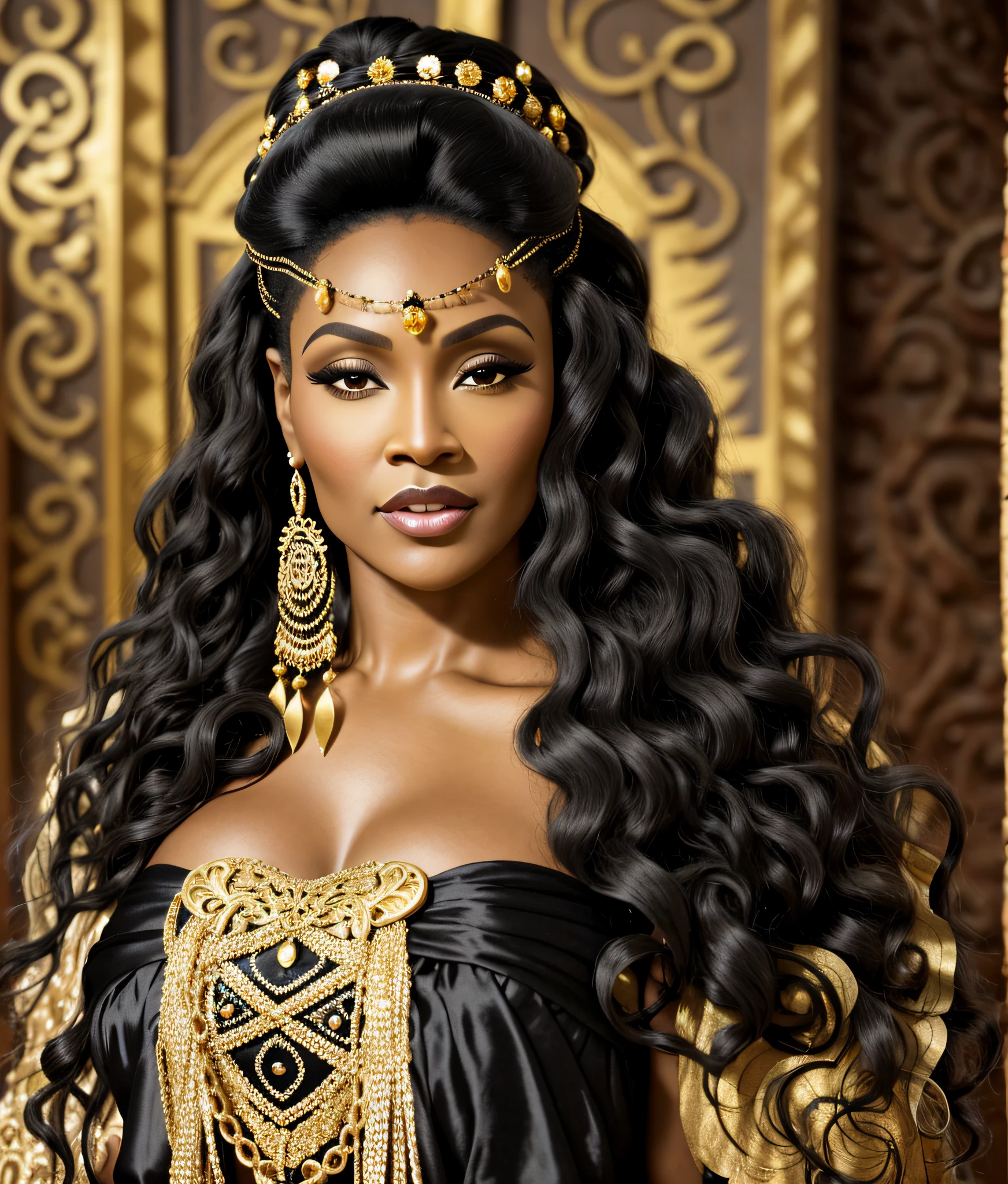 A closeup of a beautiful young black woman wearing a gypsy costume with a golden head piece, her black hair is a long curly, elaborate black hairstyle, long dark hair, with long curly, Vivica Fox Witch Queen, as a medieval fantasy character, with cheerful expression and curly hair, long curly black hair,  long flowing dark hair, full body, detailed, realistic