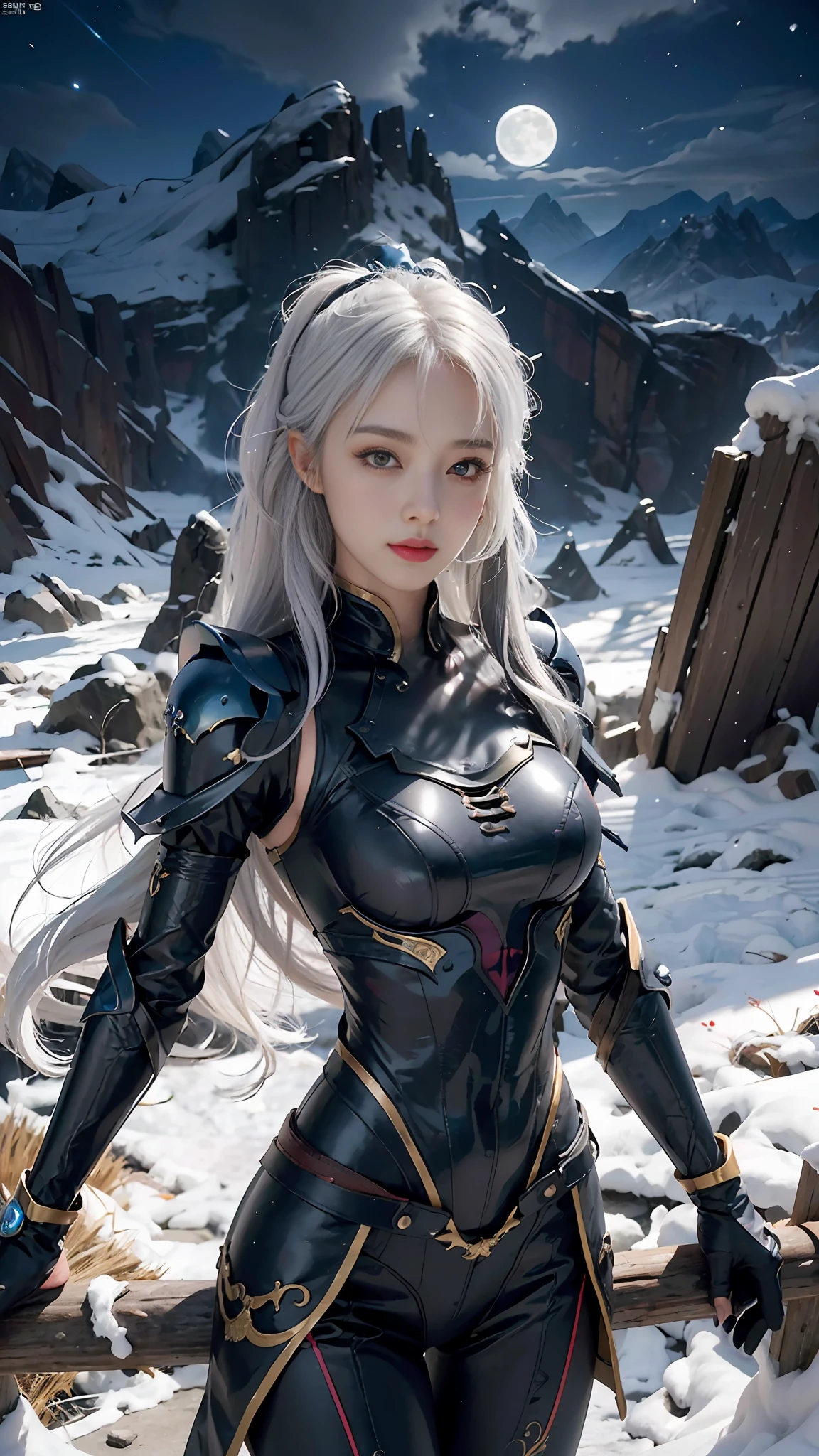 ((Best Quality, 8K, Masterpiece: 1.3)), 1girl, slim abs beauty:1.3, super fine face, detailed eyes, double eyelids, dynamic pose, night sky, mountain top, moon, smile, diana standing portrait photo, diana (League of Legends), solo, face markers, male focus, forehead markers, armor, lips, portrait, crescent, looking at the audience, 1girl, white hair, sexy, dark blue clothing, perfect body, detailed digital anime art, Best anime 4K konachan wallpaper, anime goddess, high detail official artwork, detailed anime art, portrait of female anime hero, onmyoji, --s2