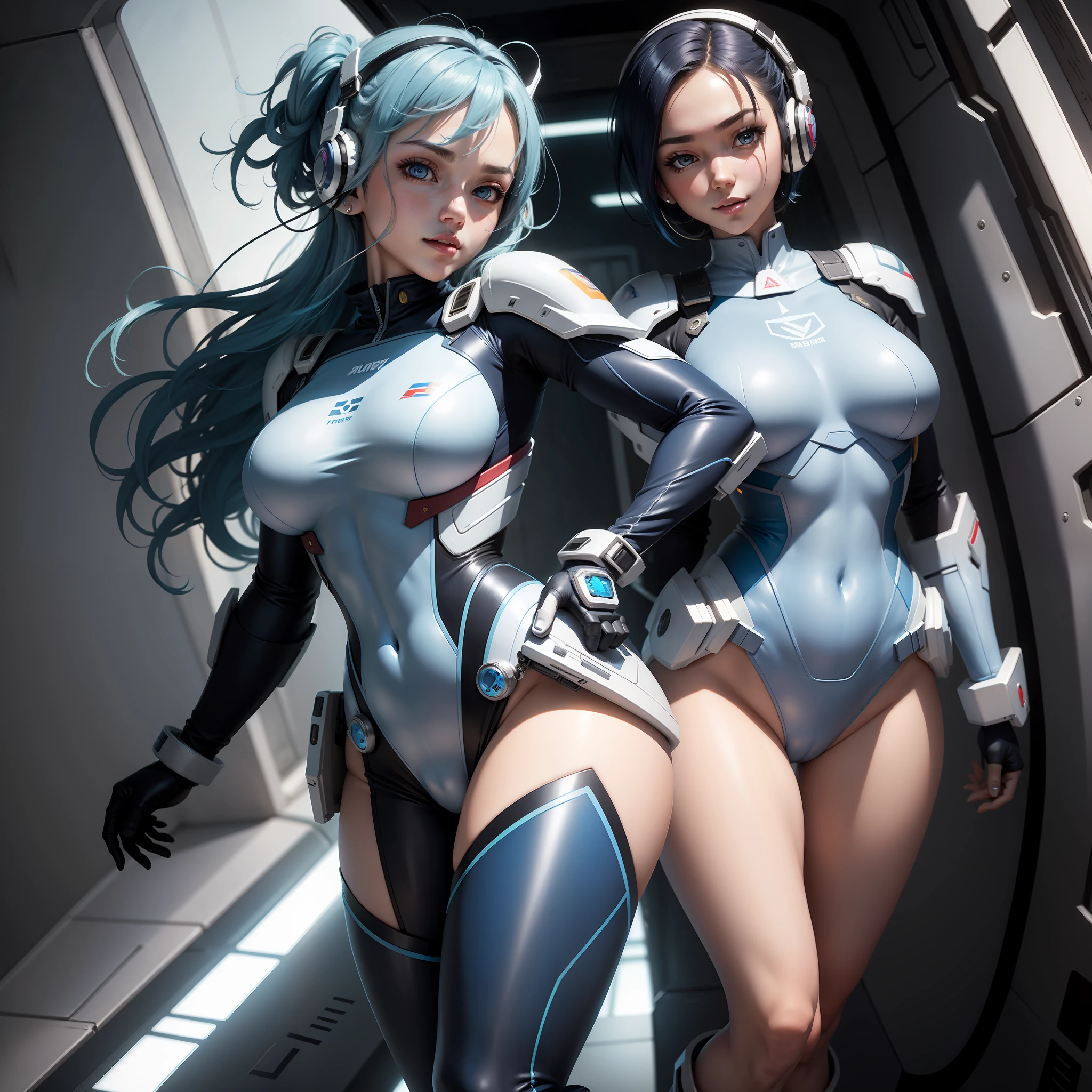 full body, blue hair, masterpiece, best quality, official art, album art, very elaborate cg Unity 8K wallpaper, solo girl, Japan girl, full body, super high resolution, dynamic angle, dynamic pose, short hair, sparkly blue color eyes, pilot suit in white and blue and black colors, tight fit clothes, full body covering clothes, knee boots, watch viewer, frontal, beauty , Medium breasts, Shirt lift, Metal wire, Slim body, Arm-length gloves, Gentle smile, Headset, Detailed cockpit, Full body covering clothes, Beauty, Cheerful, Lovely, Slim Body, Exoskeleton, Gundam Pilot