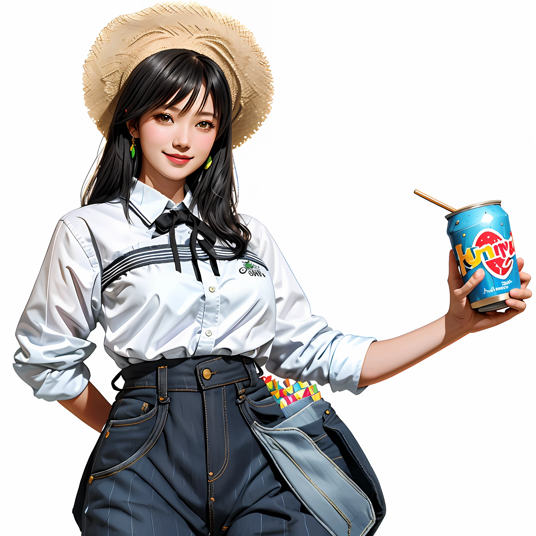 Best quality, realistic, award-winning illustration, (tricky detail: 1.2), (fine detail), (tricky detail), (cinematic lights, best quality), sharp lines, sharp focus, official artwork, 16k, A beautiful woman with a smiling face, wearing a straw hat, wearing a June party hat, June parties, white graffiti splash background, a beautiful young chef, wearing a black apron with colorful blouse emblazoned in June party colors, Wearing jeans, medium black hair, holding a large can of delicious candy, creamy candy splash, character design by George Lucas style, white background.