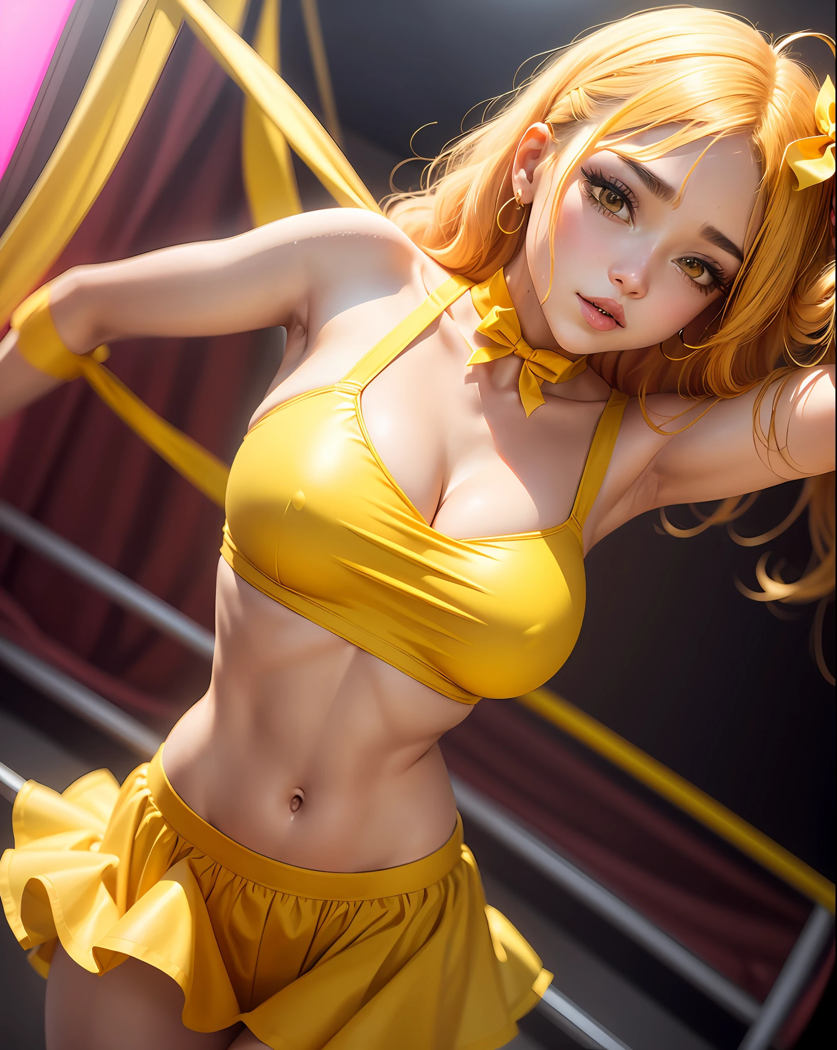 A woman in a yellow dress and a pink bow is posing, wearing honey - themed miniskirt, ((((yellow)))), high quality costume, yellow clothes, rave outfit, cute rave outfit, wearing yellow croptop, bold rave outfit, with yellow cloths, yellow wavy hair theme, orange and yellow costume, sweet girl, northeastern junina party, junina party costume, sexy big boobs, neckline