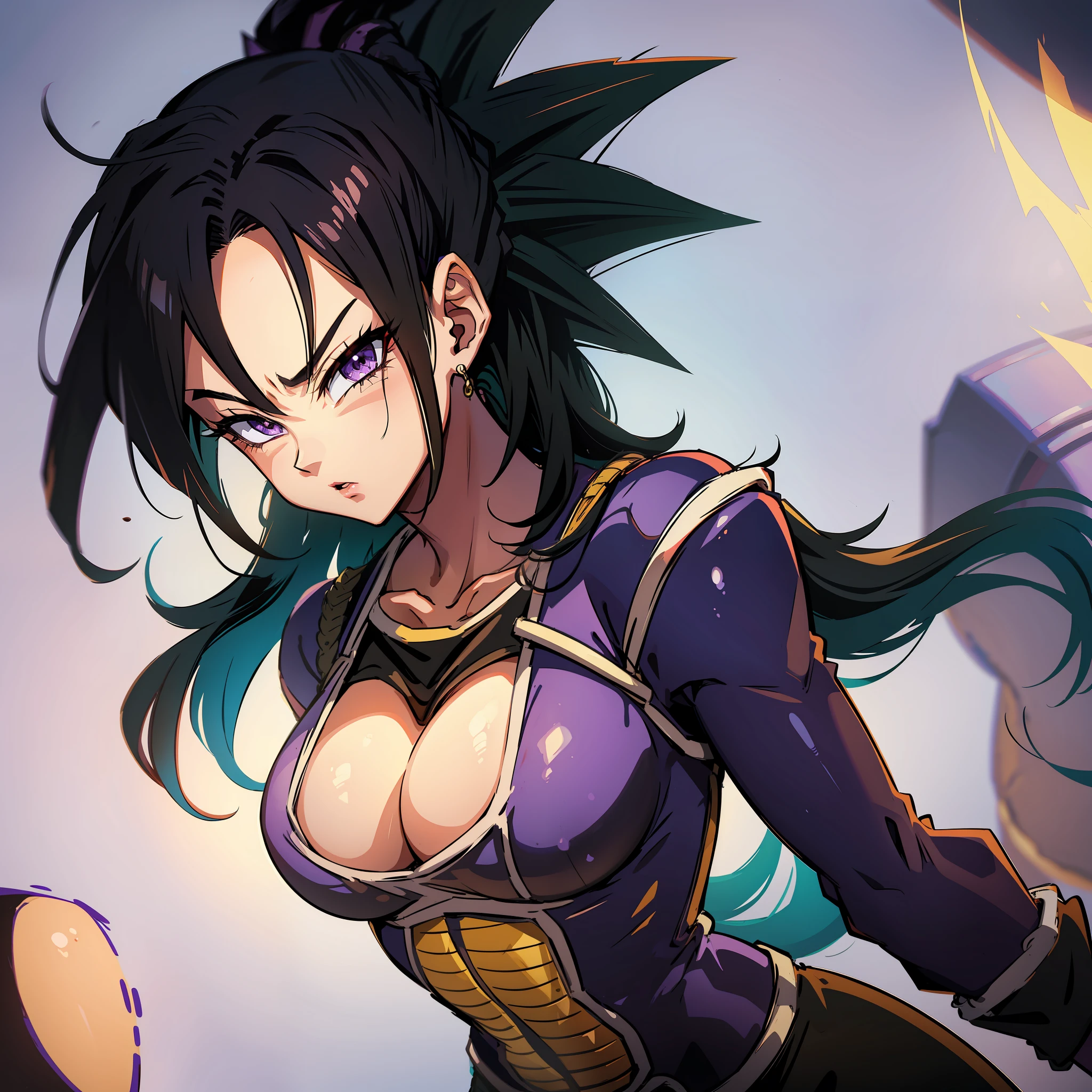 Woman dragon ball, purple gloves, long black spiky hair, Saiyan, black hair, saiyan uniform, dbz, dragon ball, raditz,