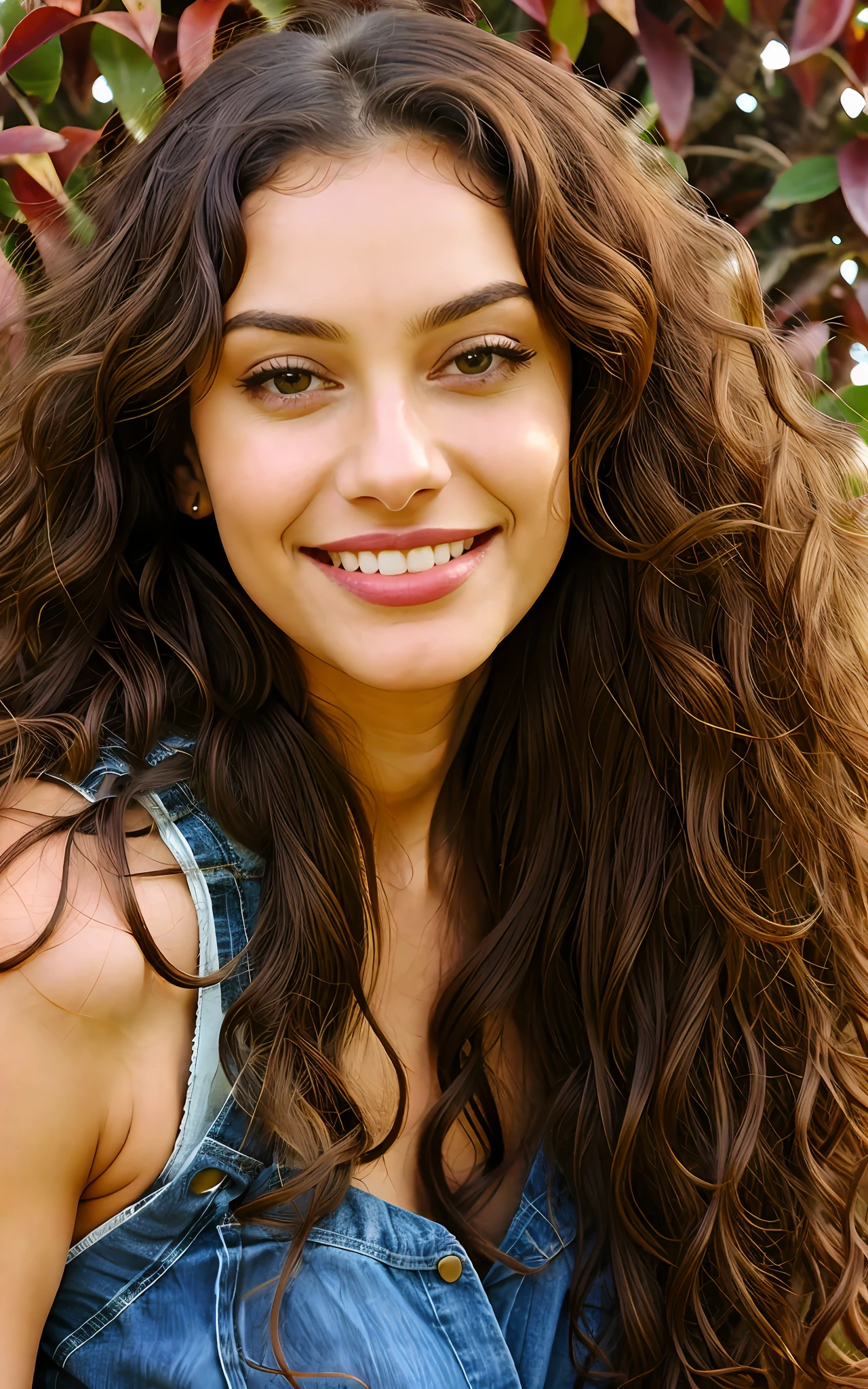 1 woman, plants and background sky, long curly hair, curly hair, smile, nature, brown skin, brown eyes