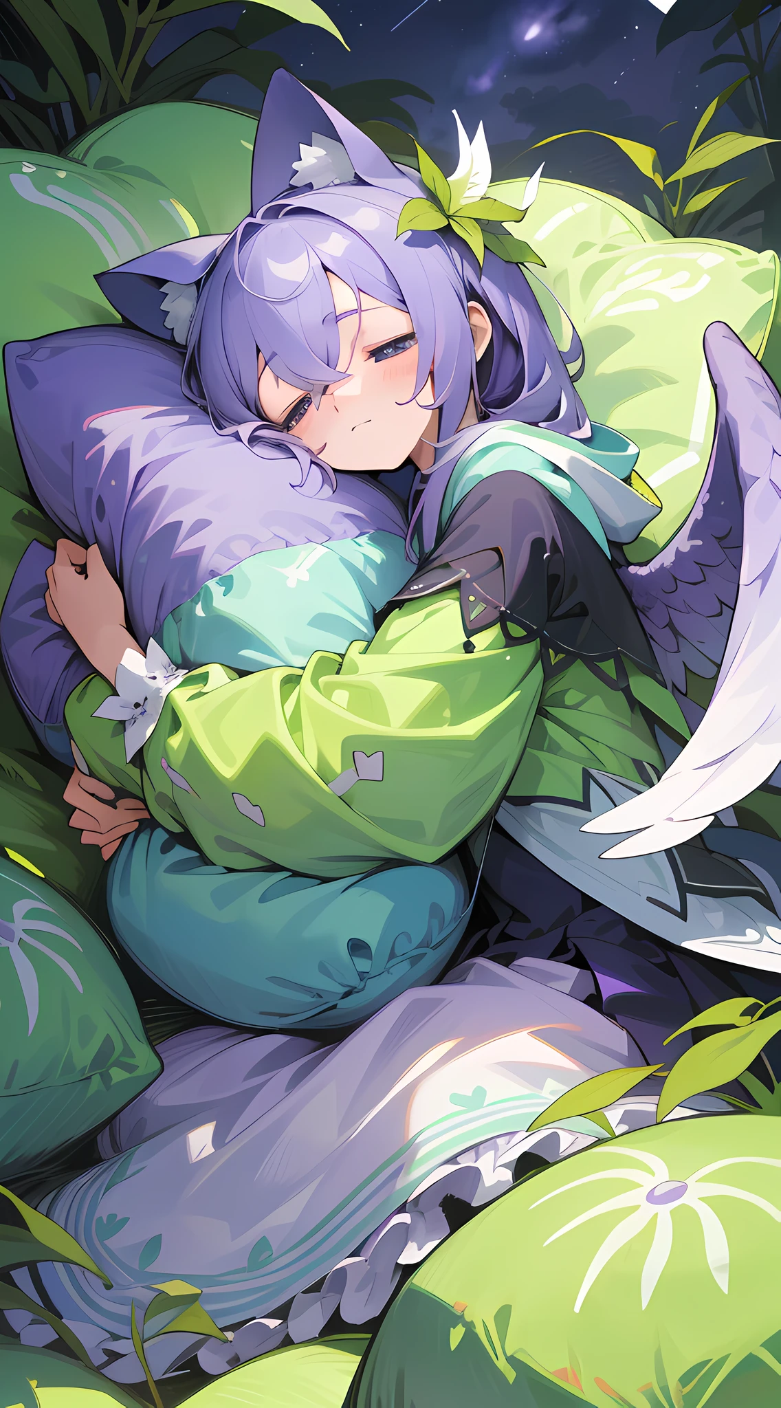 solo, ((masterpiece)),(((best quality))), 1 girl, laying in bed, face in pillow, (((the pose)laying on stomach, feet in air, ((hugging pillow)) )) , chibi, UHD, masterpiece, anatomically correct, highres, best quality, high quality, super detail, 16k, 4K, 1girl, ((heart shaped leaves, purple_yam, winged_yam, ube,)) (full body, leaf, garden, plant, plant girl,) (((best quality),(sleeping, sleepy, asleep)))illustration,1 girl, purple hair, (((inverted bob,((hair over one eye, (((atomically correct ,closed eyes, hood down)), hoodie) gothic lolita skirt)), detailed hair,((night, night sky, (purple angel wings, feather wing, wings, back wings,))) hair over one eye))),aqua eyes, (((cat ears,))) leaf hair ornament,16k, 8k, 4K, highres, best quality, high quality, high details, super detail, sweet beautiful woman, glowing wings, ( purple hair, green streaks in hair, hair over one eye,) ((masterpiece)), colorful, (extremely detailed CG unity 8k wallpaper), (masterpiece), (best quality), (ultra-detailed), (best illustration),(best shadow),,garden, detailed background, sweet beautiful woman, soft bed, plush, pillows,