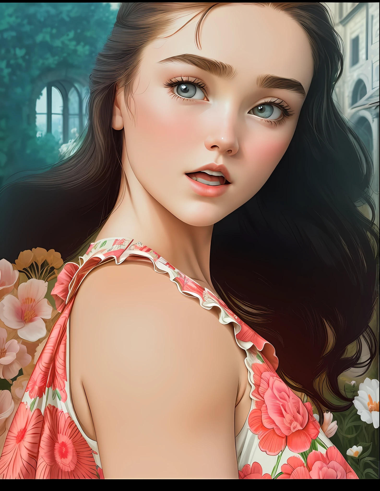 masterpiece, line art of a female character, Florence Pugh shocked expression, detailed country garden background, Art Deco designs,
style by double exposure, no shading, for coloring page, white space, no shadowing,