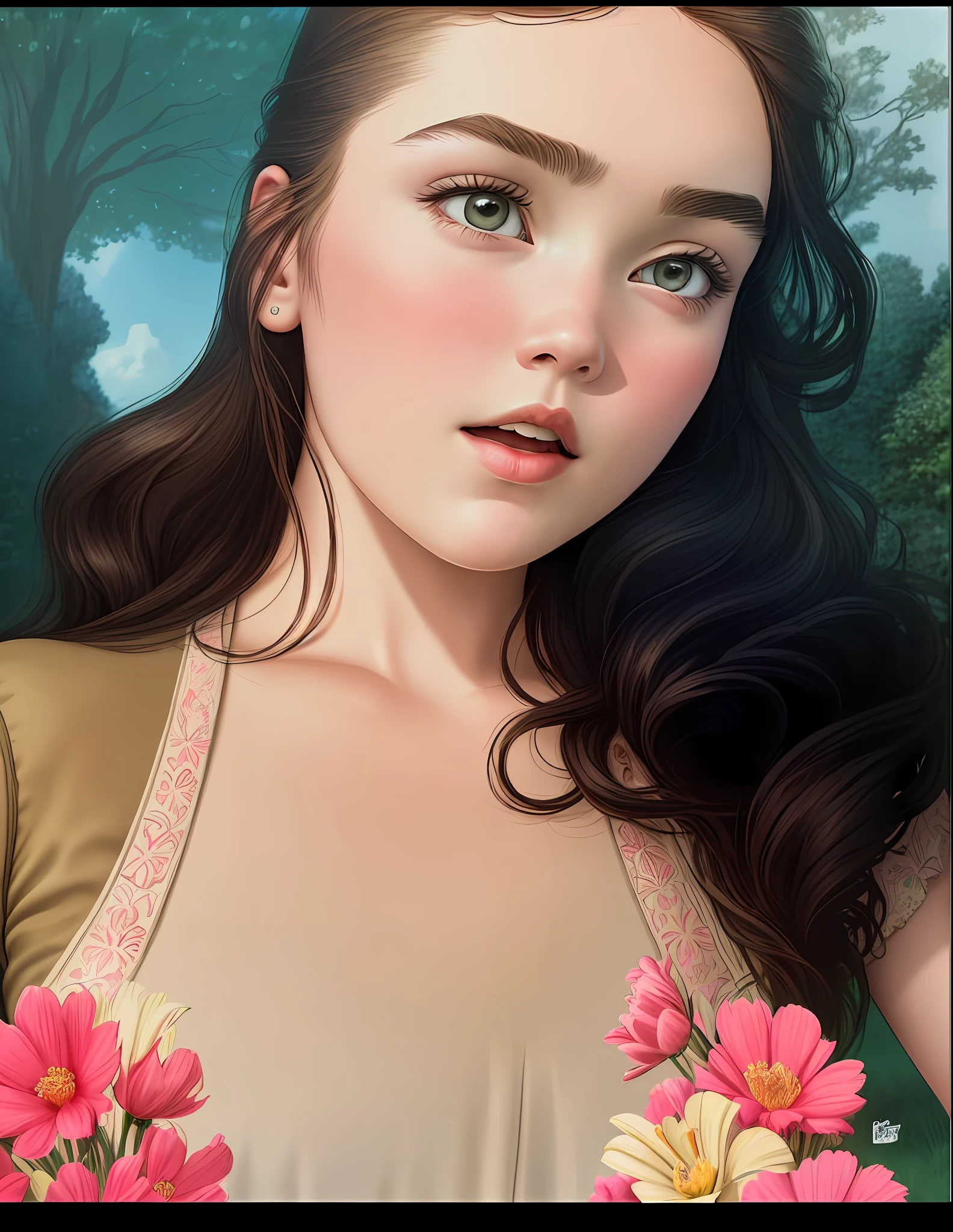 masterpiece, line art of a female character, Florence Pugh shocked expression, detailed country garden background, Art Deco designs,
style by double exposure, no shading, for coloring page, white space, no shadowing,