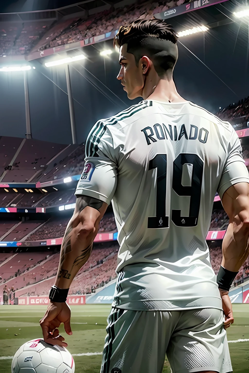 Cristiano Ronaldo with Real Madrid shirt, Facing Messi with barcelona shirt, On a soccer field, 90s anime, lights, cinematographic,cyberpunk --auto --s2