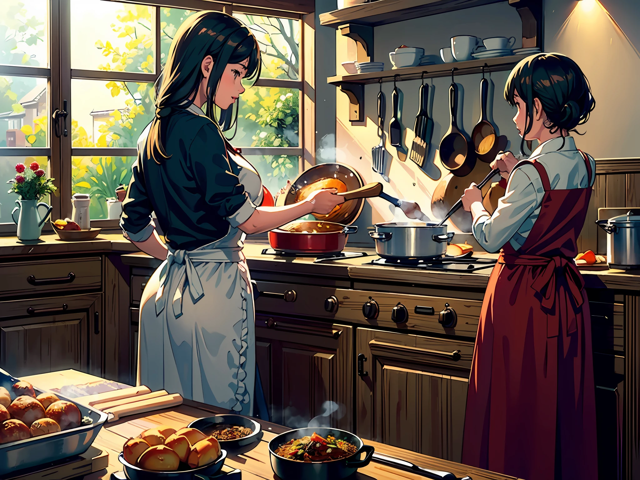(best illumination, realistic and natural lighting),(best shadow, realistic and natural), a homely and cozy kitchen, (mommy cooking:1.5), the aroma of freshly cooked food, steam coming out of the pot, wooden cutting board, colorful vegetables and seasonings, warm and inviting atmosphere.