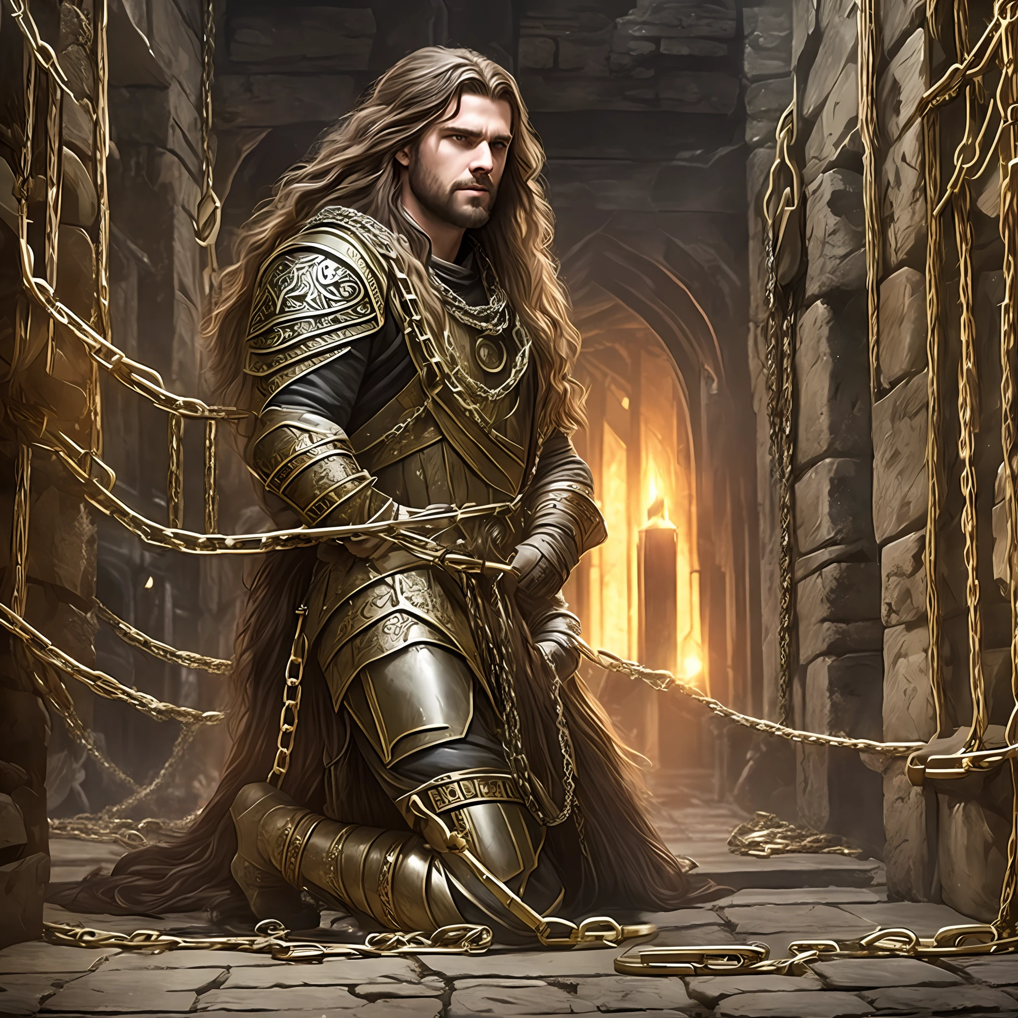 In the context of a fantasy world, show a long-haired man kneeling in chains at the bottom of the dungeon, in a thrilling and dramatic scene.