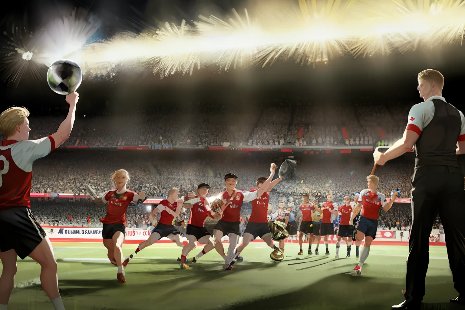 Realistic photo of martin odegard lifting champions league trophy with arsenal