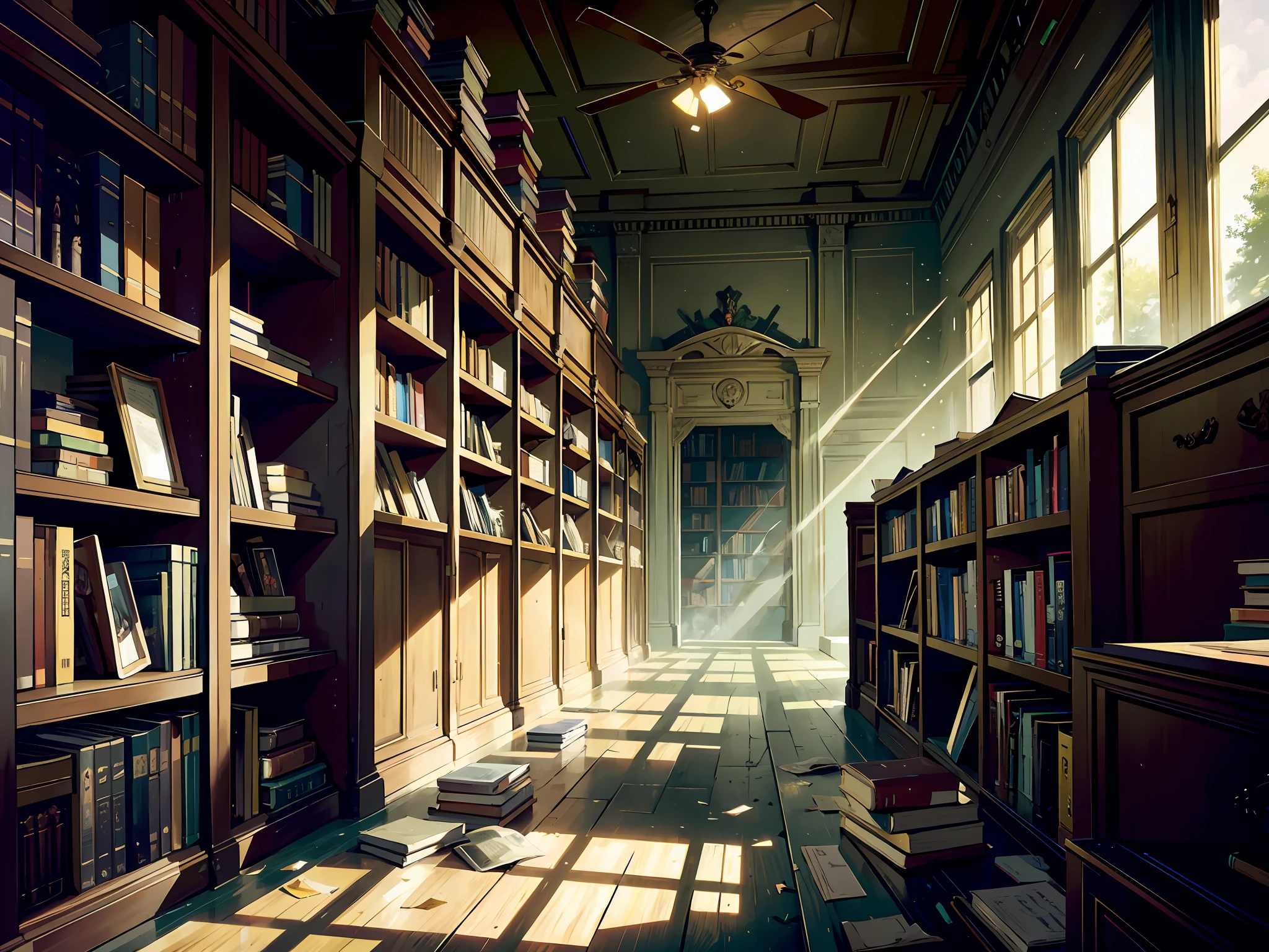 An abandoned library, devoid of human activity. Thick layers of dust cover the bookshelves and aging books, the yellowed covers and torn pages a testament to the passage of time. The air is thick with the smell of age and history.