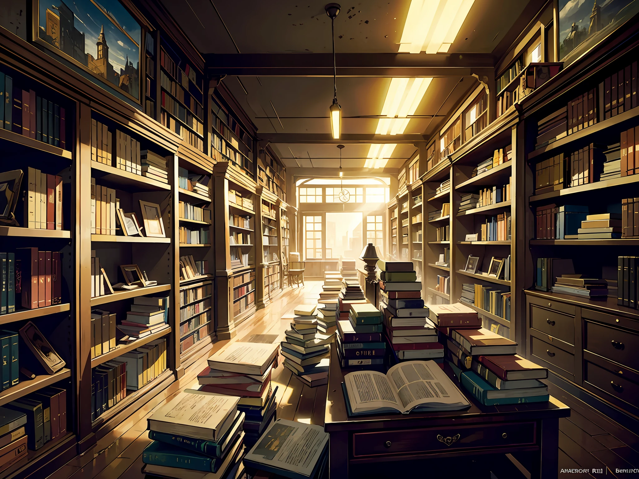 An abandoned library, devoid of human activity. Thick layers of dust cover the bookshelves and aging books, the yellowed covers and torn pages a testament to the passage of time. The air is thick with the smell of age and history.