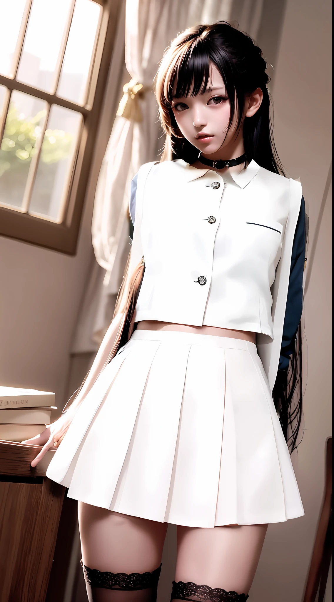 Surreal schoolgirl, japanese girl school uniform, japanese school uniform, realistic young anime girl