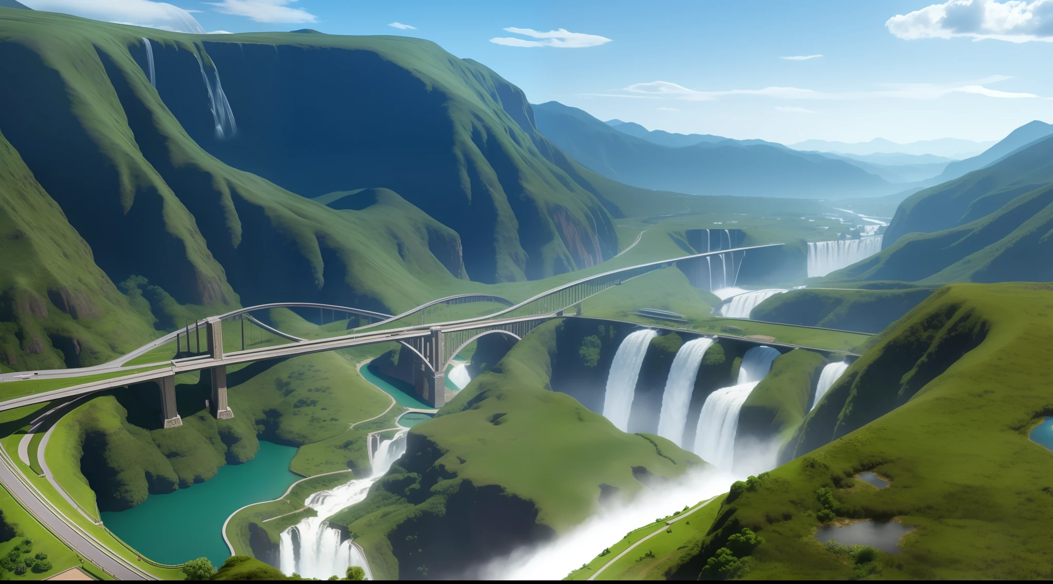 8k mini world realistic wallpaper, city, building, waterfalls, bridges, complete mini world