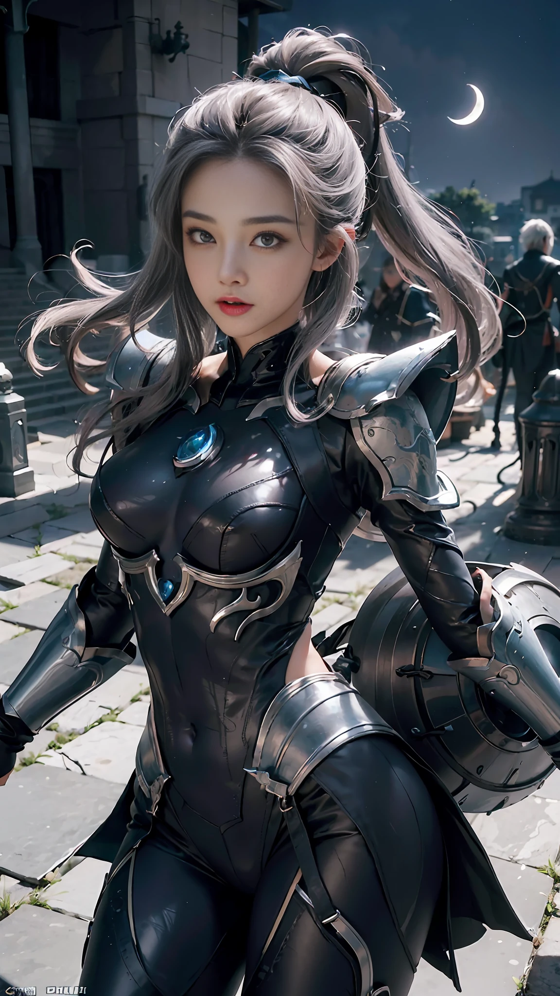 ((Best Quality, 8K, Masterpiece: 1.3)), 1girl, Slim Abs Beauty: 1.3, (, Big Breasts: 1.2) Super fine face, detailed eyes, double eyelids, dynamic pose, night sky, moon, smile, Diana standing portrait photo, Diana (League of Legends), solo, face markers, male focus, forehead markers, armor, lips, portrait, crescent, looking at the audience, 1girl, gray hair, sexy, dark blue clothing, perfect body, detailed digital anime art , Best anime 4K Konachan wallpaper, anime goddess, high detail official artwork, detailed anime art, portrait of female anime hero, Onmyoji