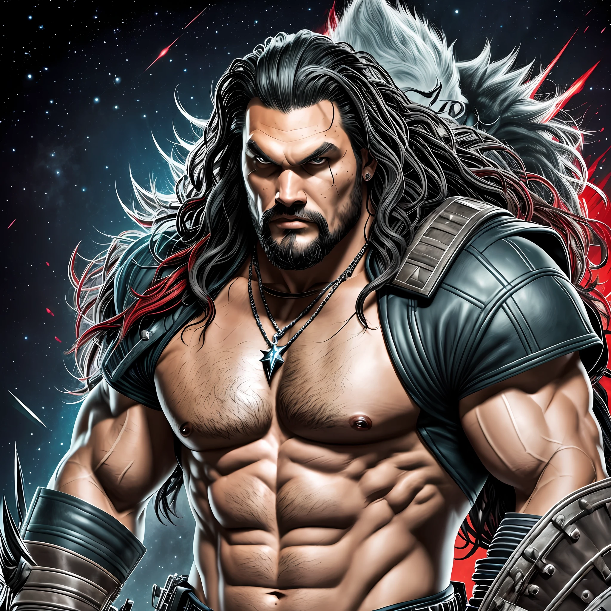 Create a realistic 8K image of Jason Momoa as the character Lobo, the DC anti-hero. Make sure the image realistically and authentically captures the character, with details like Lobo's appearance, leather jacket and red eyes, with his space bike, and any other elements you feel are important. Use a vibrant, contrasting color palette to make the image stand out and make it more appealing. Add textures and details to make the image more realistic, such as the appearance of Lobo's skin and the design of his space motorcycle. Make sure the resulting image looks realistic and detailed." —c 10 —ar 2:3 --auto --s2