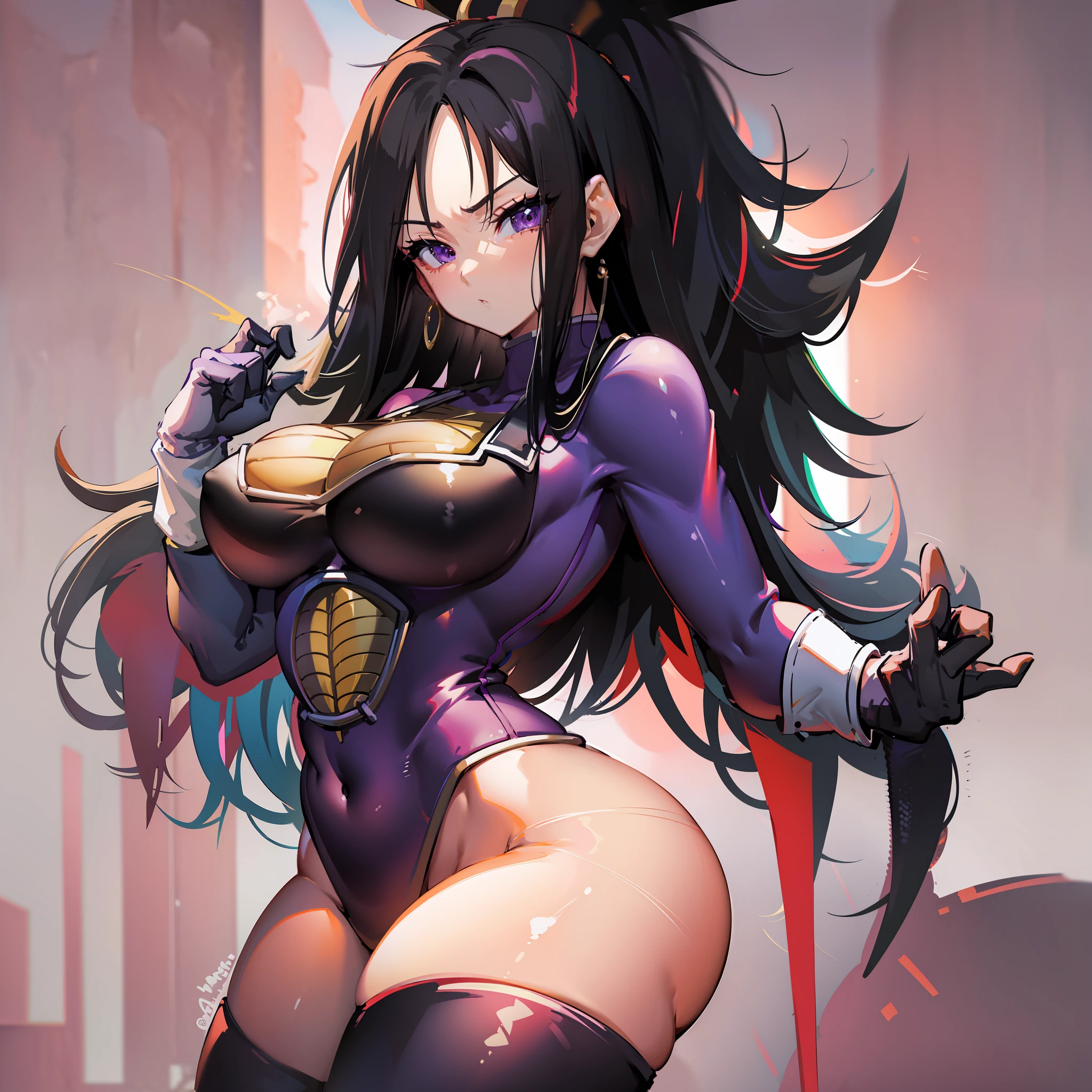 Dragon ball woman, purple gloves, long black spiky hair, Saiyan, black hair, saiyan uniform, dbz, dragon ball, raditz, bulma, sexy, big thighs, big ass, fight pose