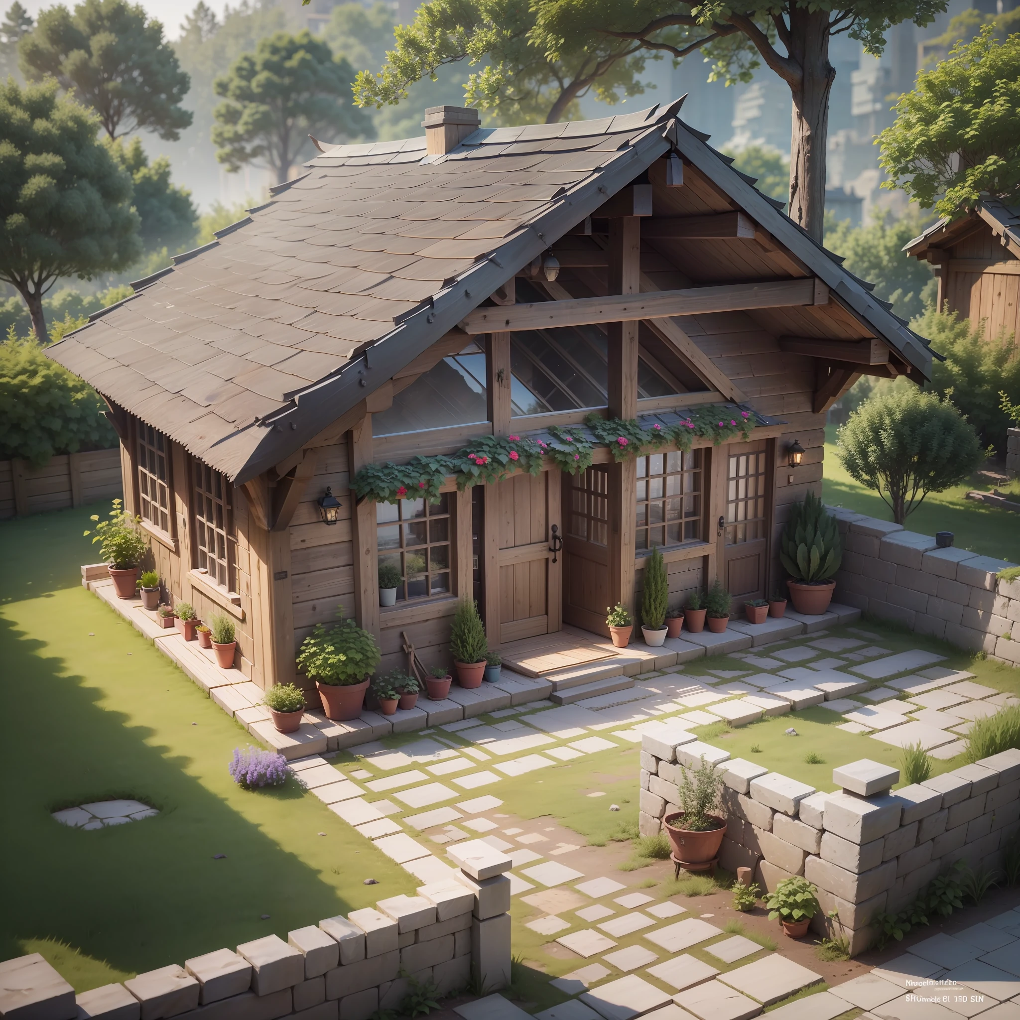 Render realistic inside and outside 3D, High realistic, High Quality 8K, inside walls are Masonry Walls, Wooden Roof Structure, wooden tie beams, wooden struts, wooden king posts 20cm*20cm, wooden rafter 5cm*15cm, hip roof, any window, furniture --auto --s2