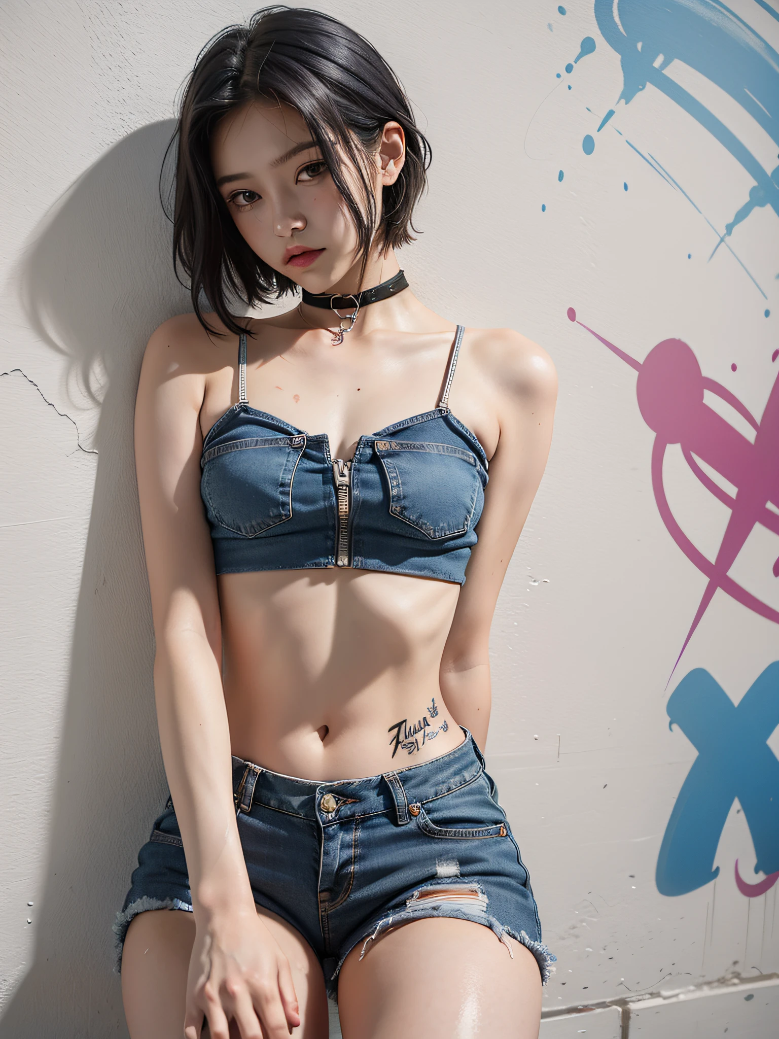 Absurdity, Top Quality, 1 Girl, Solo, Striped Hair, Crop Top, Denim Shorts, Choker, (graffiti: 1.5), Splatters of paint, Arms back, (Leaning forward), Lean back, Leaning against the wall, (Tilting to the side: 0.25), Watch the viewer, Armbands, Thigh straps, Striped hair, Paint on the body other than the face, Eyes directed upwards, Head down, Head tilted, (from the side :0.75), bored, (expressionless: 0.75)