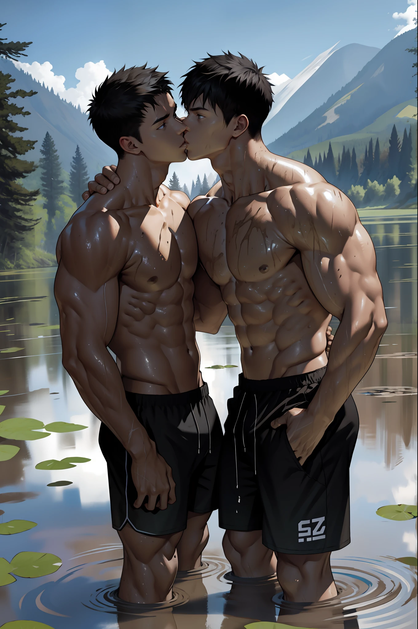 Pulling underwear.Two muscular fit shirtless boys standing in deep muddy pond water touching their groins bulges with strong hands.kissing. Wearing black shorts. Shirtless. Mountainous background. Handsome faces, black short hair. Homoerotic scene. Mud on body.