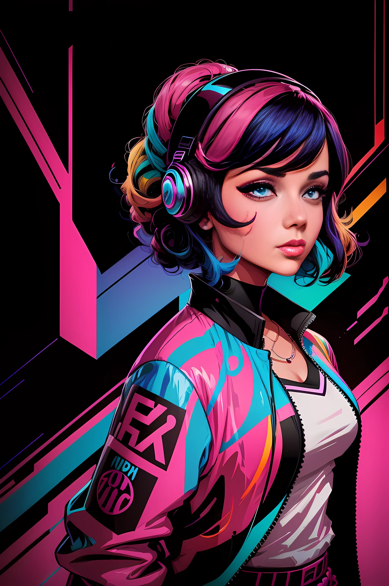 arafed image of a woman with a colorful shirt and jacket, a pop art painting inspired by Ilya Kuvshinov, trending on cgsociety, digital art, vibrant fan art, colourful movie art, style digital painting, colorful digital painting, digital art style, digital art. colorful comic, digital art!!, photoshop art, in style of digital painting --auto --s2
