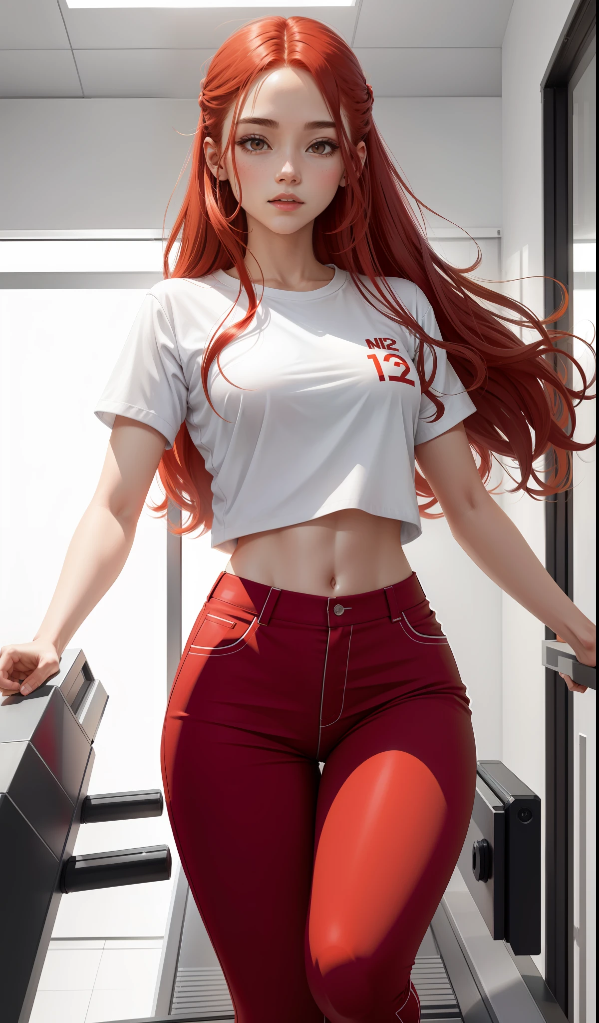 a woman in a white shirt and red pants is running on the treadmill, simple style, wearing elegant casual clothes, muted red, simple clothes, milk and red style, casual clothing style, modern fashion outfit, wearing a fisher , casual modern clothing, inspo, red clothes, red pants, neutral tones, rred and white color scheme, casual business outfit, scary face, nike shoes, 22 years old, adult face, long hair, ((red hair))
