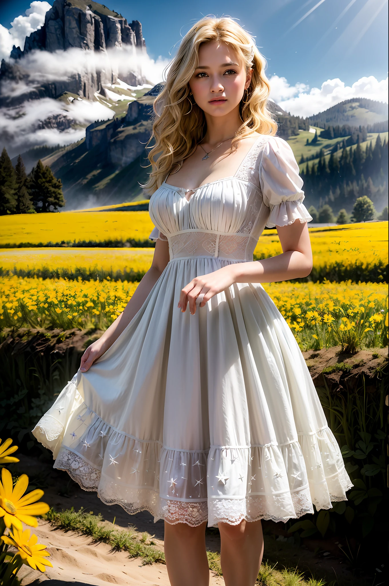 (realistic:1.3), finely detailed, quality, lighting rembrandt, (masterpiece:1.2), (photorealistic:1.2), (best quality), (detailed skin:1.3), (intricate details), dramatic, ray tracing, 1girl, white american girl, curly blonde hair, 21 years, full breasts, swinging white dress, (Meadow, Sun, Clouds, Field, Agriculture, Starlight, Hiking Trail)