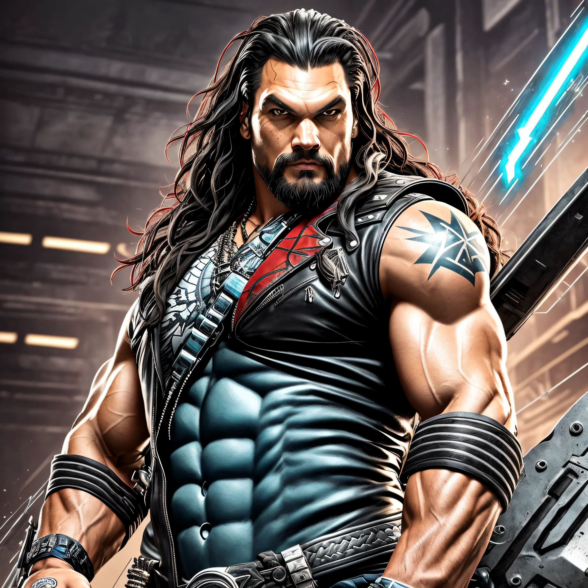 Create a realistic 8K image of Jason Momoa as the character Lobo, the DC anti-hero. Make sure the image realistically and authentically captures the character, with details like Lobo's appearance, leather jacket and red eyes, with his space bike, and any other elements you feel are important. Use a vibrant, contrasting color palette to make the image stand out and make it more appealing. Add textures and details to make the image more realistic, such as the appearance of Lobo's skin and the design of his space motorcycle. Make sure the resulting image looks realistic and detailed." —c 10 —ar 2:3 --auto --s2