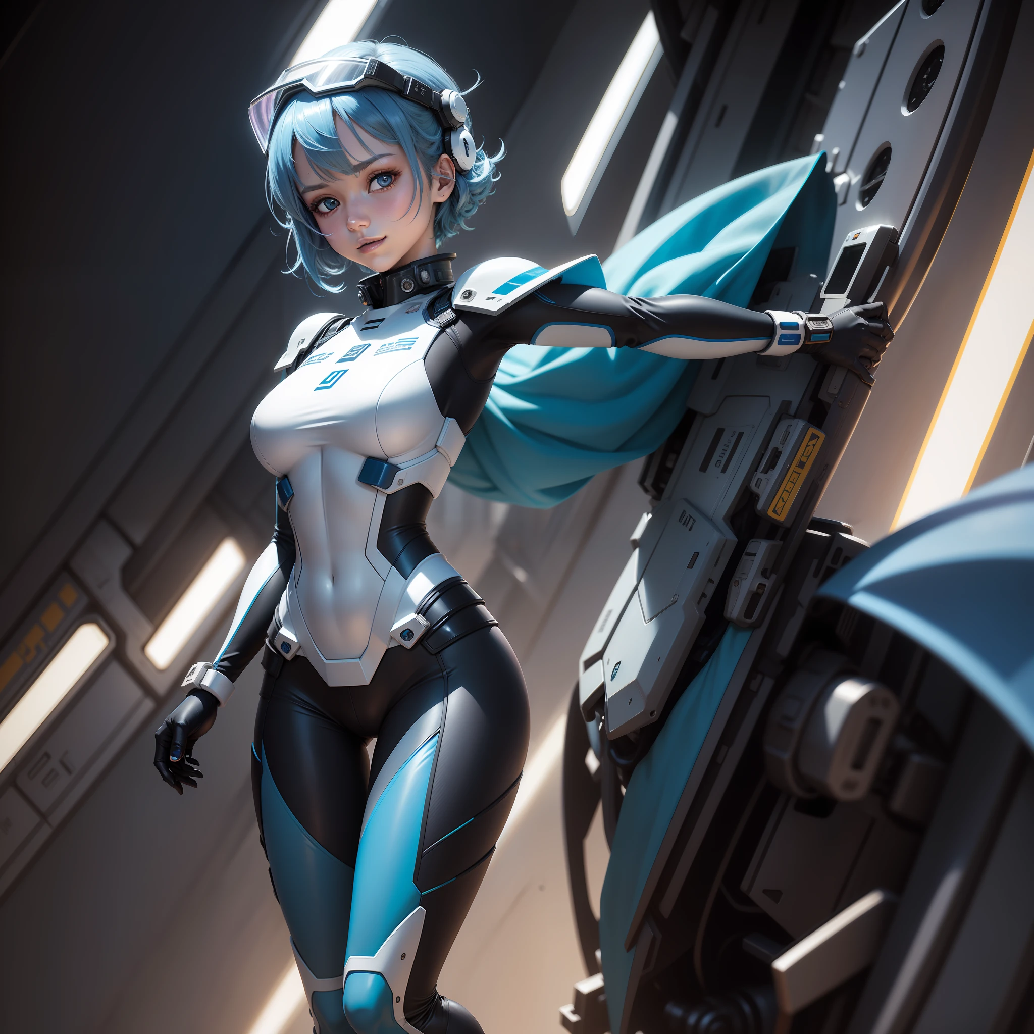 full body, blue hair, masterpiece, best quality, official art, album art, very elaborate cg Unity 8K wallpaper, solo girl, Japan girl, full body, super high resolution, dynamic angle, dynamic pose, short hair, sparkly blue color eyes, pilot suit in white and blue and black colors, tight fit clothes, full body covering clothes, knee boots, watch viewer, frontal, beauty , Medium, Shirt Lift, Metal Wire, Slim Body, Arm-Length Gloves, Gentle Smile, Helmet, Detailed Cockpit, Full Body Covering Clothes, Beauty, Cheerful, Lovely, Slim Body, Exoskeleton, Gundam Pilot