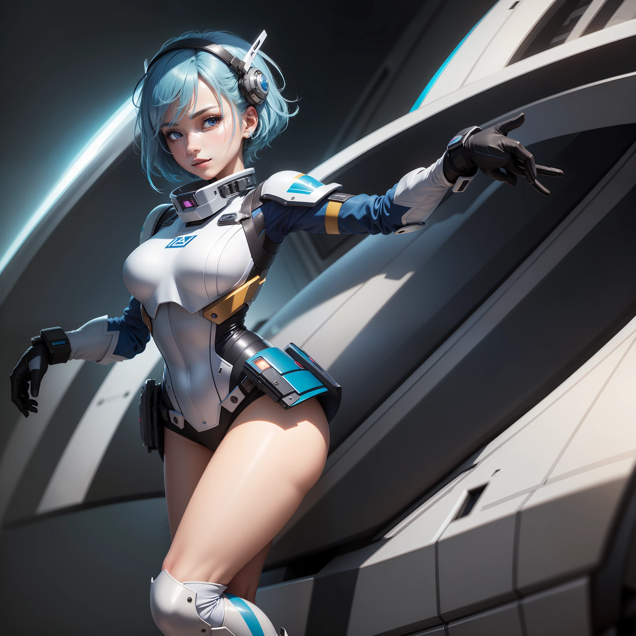 full body, blue hair, masterpiece, best quality, official art, album art, very elaborate cg Unity 8K wallpaper, solo girl, Japan girl, full body, super high resolution, dynamic angle, dynamic pose, short hair, sparkly blue color eyes, pilot suit in white and blue and black colors, tight fit clothes, full body covering clothes, knee boots, watch viewer, frontal, beauty , Medium, Shirt Lift, Metal Wire, Slim Body, Arm-Length Gloves, Gentle Smile, Helmet, Detailed Cockpit, Full Body Covering Clothes, Beauty, Cheerful, Lovely, Slim Body, Exoskeleton, Gundam Pilot