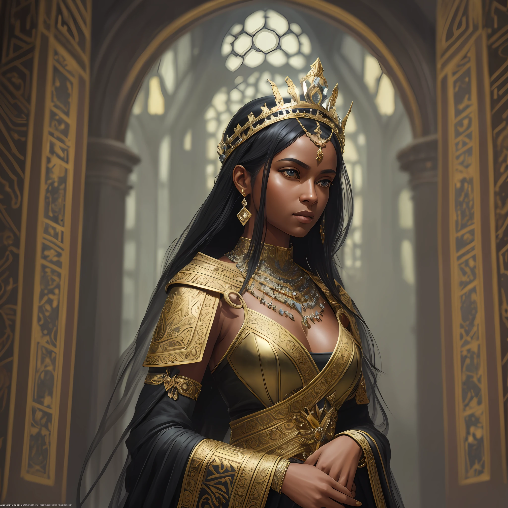 modelshoot style, (extremely detailed CG unity 8k wallpaper), full shot body photo of the most beautiful artwork in the world, medieval queen, green vale, dark skin, black woman, golden crown, diamonds, medieval architecture, professional majestic oil painting by Ed Blinkey, Atey Ghailan, Studio Ghibli, by Jeremy Mann, Greg Manchess, Antonio Moro, trending on ArtStation, trending on CGSociety, Intricate, High Detail, Sharp focus, dramatic, photorealistic painting art by midjourney and greg rutkowski --auto --s2