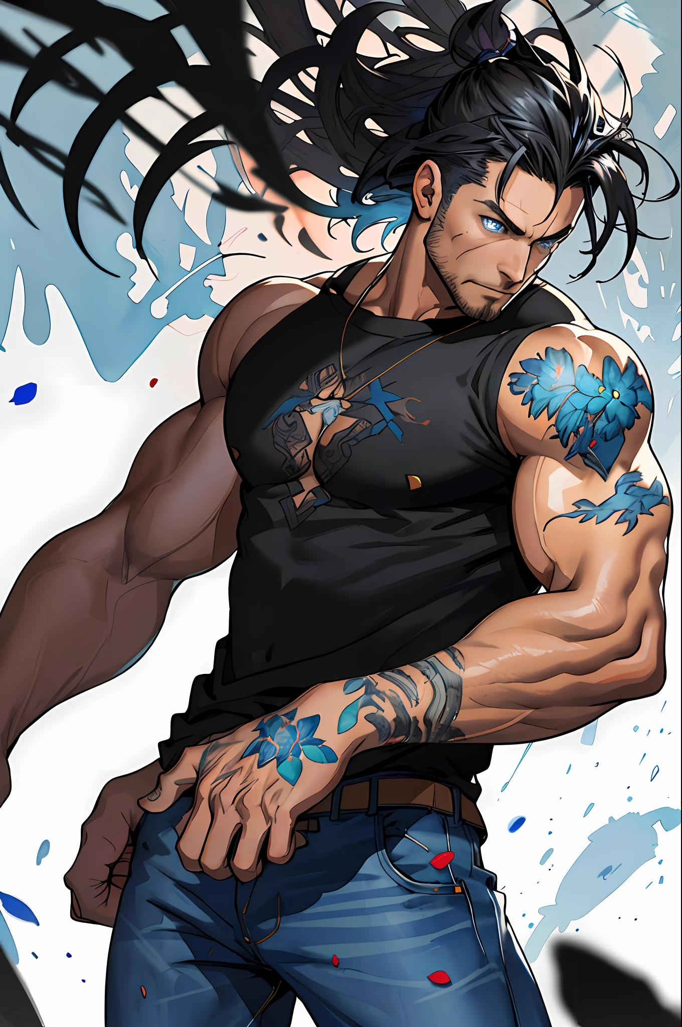 Adriana Lima man, detailed painting 4k, :: comix style by joe madureira :: beautiful, perfect and detailed, ultra detailed black shirt with floral design, in various full-body attack poses and with immersive effects, hover effect, graphite style background with vibrant colors "ultra hdr" detailed and with focus effect, (masterpiece: 1.2, best quality), (finely detailed beautiful eyes:  1.2),,long, straight hair and dark yellow degrade ,with a natural glow ((Solo)), (Blue eyes:1.4), (Finely detailed eyes and detailed face:1.3),), (With ultra detailed jeans and a black shirt with ultra detailed tribal tatoom print throughout:1.3), (Beautiful and clear background:1.2), (Extremely detailed CG, Ultra-detailed, Best Shadow:1.1),("" character demonstrating his super power in the fist"")((Depth of field and blur)),  ((Watercolor)), Very large breasts, Bare shoulders, Flowers and petals, Beautiful conceptual illustration , (white background:0.5), (Illustration :1.1), (extremely fine and beautiful: 1.1), (perfect details: 1.1) graffiti style background, freedom, soul, digital illustration, perfect anatomy, centered, approaching perfection, dynamic, highly detailed, watercolor painting, artstation, conceptual art, smooth, sharp focus, illustration, art by flesh Griffiths and Wadim Kashin,  heterochromia, perfect anatomy, centered, approaching perfection, dynamic, highly detailed, character sheet, artstation, concept art, smooth, sharp focus, illustration, art by Kim Jung Gi,, Artgerm, Carne Griffiths and Wadim Kashin, Sasha Yakovleva, Loish, Jeremy Mann, Full Body Shot, Character Sheet, Lightning Wave, Beautiful Anime Watercolor Painting, Paint Dripping by Tim Okamura, Victor Nizovtsev,  Greg Rutkowski, Noah Bradley. trend in artstation, 8k, masterpiece, graffiti ink, fine detail, full of color, intricate detail, sharp focus, illustration, art by David Finch and Alphonse Mucha, uhd,