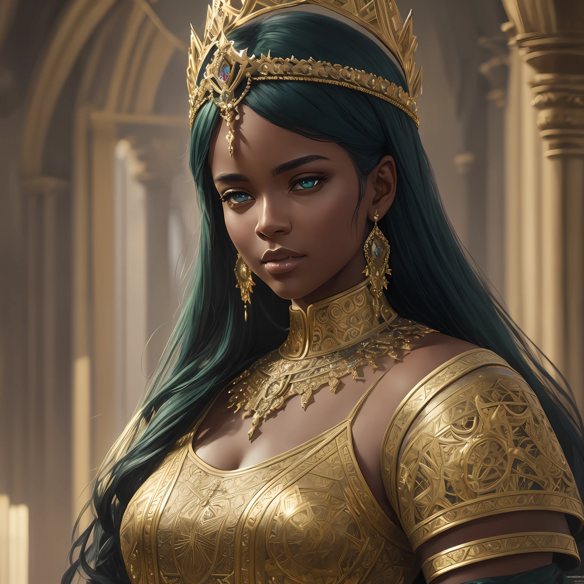 modelshoot style, (extremely detailed CG unity 8k wallpaper), full shot body photo of the most beautiful artwork in the world, medieval queen, green vale, dark skin, black woman, golden crown, diamonds, medieval architecture, professional majestic oil painting by Ed Blinkey, Atey Ghailan, Studio Ghibli, by Jeremy Mann, Greg Manchess, Antonio Moro, trending on ArtStation, trending on CGSociety, Intricate, High Detail, Sharp focus, dramatic, photorealistic painting art by midjourney and greg rutkowski --auto --s2