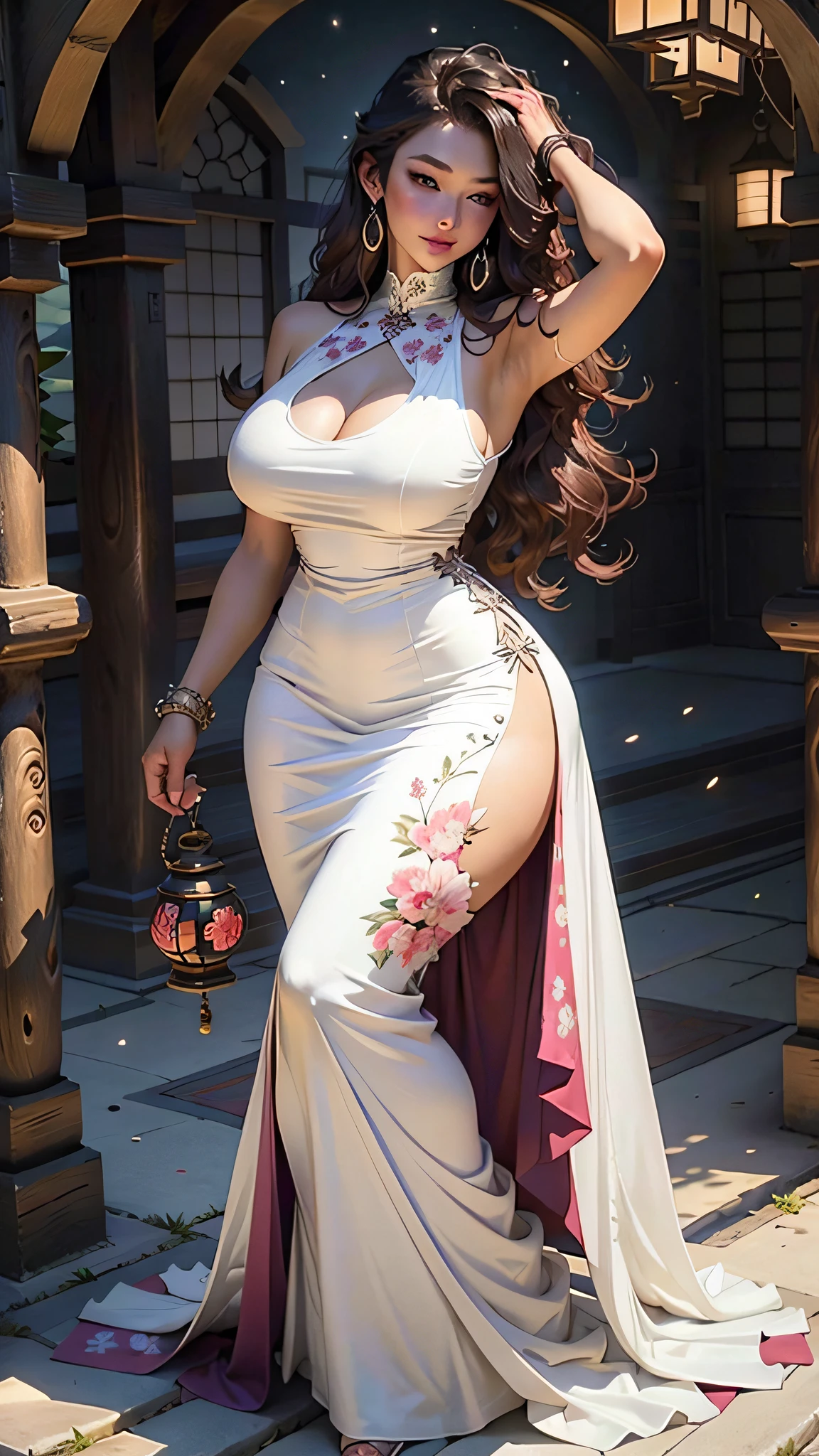 Beautiful milf woman wearing long night gown, japanese model, beauty face, skin tight dress, jaw-dropping beauty, curvy hourglass figure, big boobs, full body.