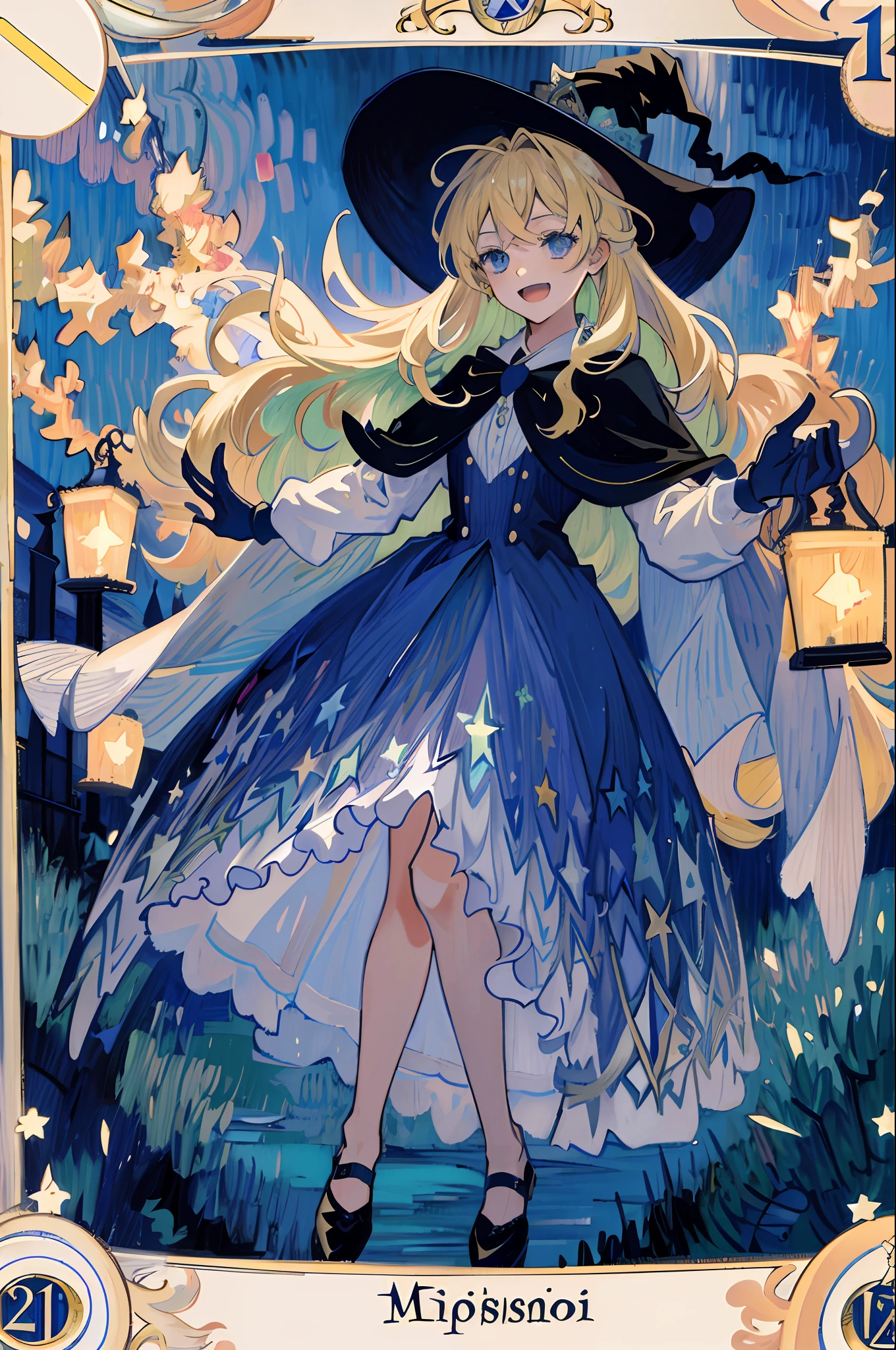 ((masterpiece:1.2, best quality)), 1girl, solo, (witch hat), blonde hair, long hair, dress, aurora, night, star (sky), gloves, sky, white dress, night sky, open mouth, starry sky, blue eyes, ribbon, very long hair, red dress, smile, hair ribbon, cape, blue hair, (bird), magic, casting spell, dark clouds, night, (impressionism:1.4), (tarot:1.3), alphonse mucha, Anime Comics, Manga