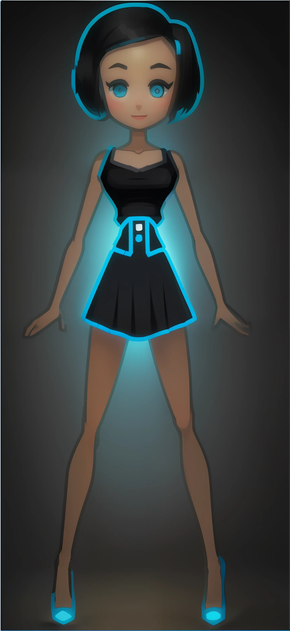 a cartoon girl in a black top and blue skirt, full body image, women's clothing, tiny waist, betty cooper, female whole body, light clothing design, female whole body, anorexic figure, thin waist, slim girl photo, girl figure, slim body, character is standing, upper body avatar, standing pose, female proportions