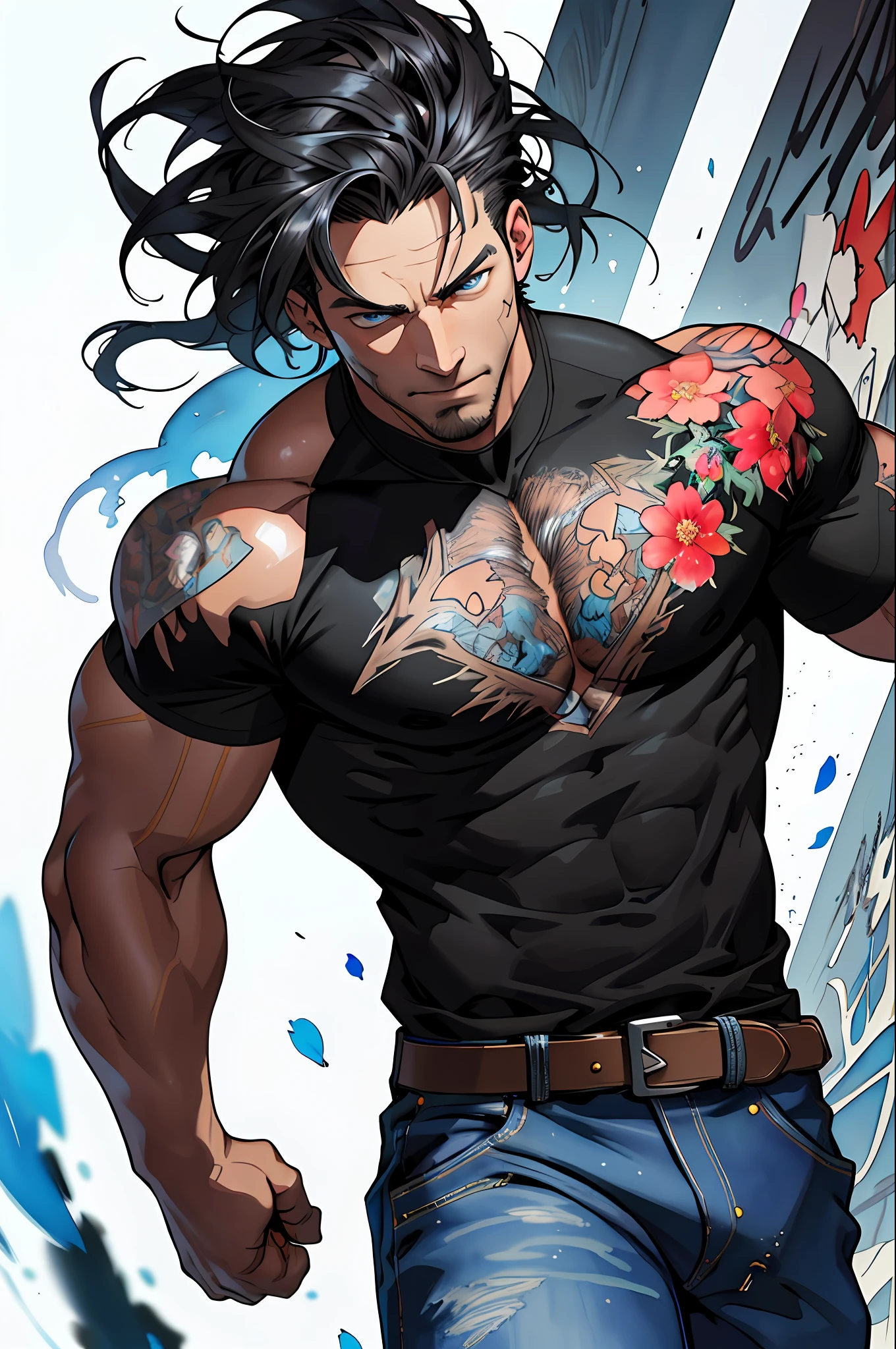 Adriana Lima man, detailed painting 4k, :: comix style by joe madureira :: beautiful, perfect and detailed, ultra detailed black shirt with floral design, in various full-body attack poses and with immersive effects, hover effect, graphite style background with vibrant colors "ultra hdr" detailed and with focus effect, (masterpiece: 1.2, best quality), (finely detailed beautiful eyes:  1.2),,long, straight hair and dark yellow degrade ,with a natural glow ((Solo)), (Blue eyes:1.4), (Finely detailed eyes and detailed face:1.3),), (With ultra detailed jeans and a black shirt with ultra detailed tribal tatoom print throughout:1.3), (Beautiful and clear background:1.2), (Extremely detailed CG, Ultra-detailed, Best Shadow:1.1),("" character demonstrating his super power in the fist"")((Depth of field and blur)),  ((Watercolor)), Very large breasts, Bare shoulders, Flowers and petals, Beautiful conceptual illustration , (white background:0.5), (Illustration :1.1), (extremely fine and beautiful: 1.1), (perfect details: 1.1) graffiti style background, freedom, soul, digital illustration, perfect anatomy, centered, approaching perfection, dynamic, highly detailed, watercolor painting, artstation, conceptual art, smooth, sharp focus, illustration, art by flesh Griffiths and Wadim Kashin,  heterochromia, perfect anatomy, centered, approaching perfection, dynamic, highly detailed, character sheet, artstation, concept art, smooth, sharp focus, illustration, art by Kim Jung Gi,, Artgerm, Carne Griffiths and Wadim Kashin, Sasha Yakovleva, Loish, Jeremy Mann, Full Body Shot, Character Sheet, Lightning Wave, Beautiful Anime Watercolor Painting, Paint Dripping by Tim Okamura, Victor Nizovtsev,  Greg Rutkowski, Noah Bradley. trend in artstation, 8k, masterpiece, graffiti ink, fine detail, full of color, intricate detail, sharp focus, illustration, art by David Finch and Alphonse Mucha, uhd,