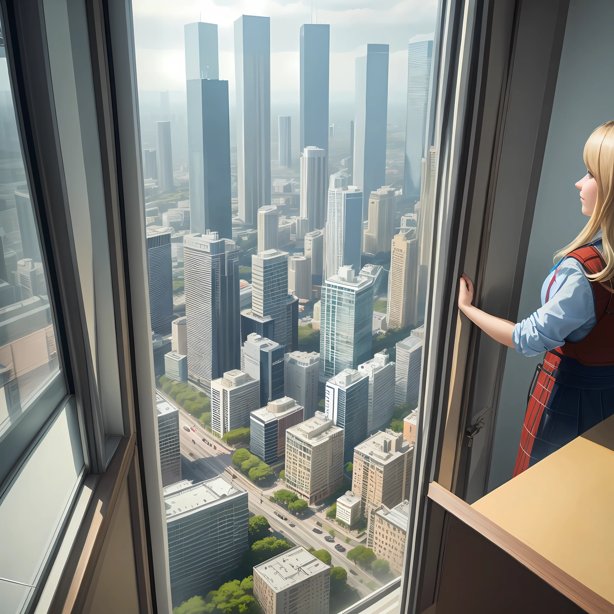 From the window of a tall building, you can see down a city road
