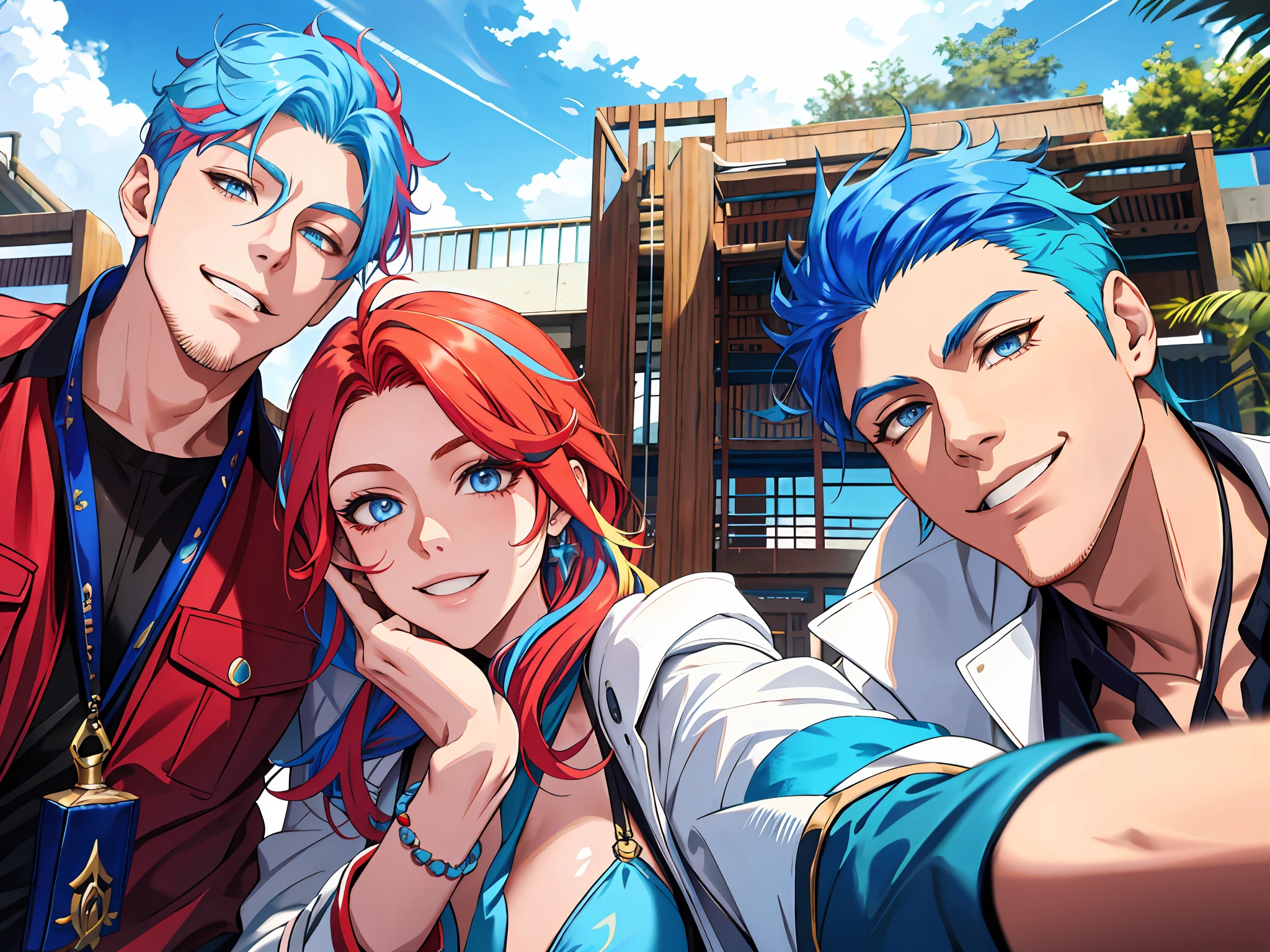 masterpiece, best quality, highres, ahri1, 1girl, solo, blonde hair, k/da \(league of legends\), long hair, multicolored hair, open hair, blue eyes, two-tone hair, large breasts, poolside, micro bikini, smile, 2 handsome boys on her both sides, red hair boy on the left and blue hair boy on the right
