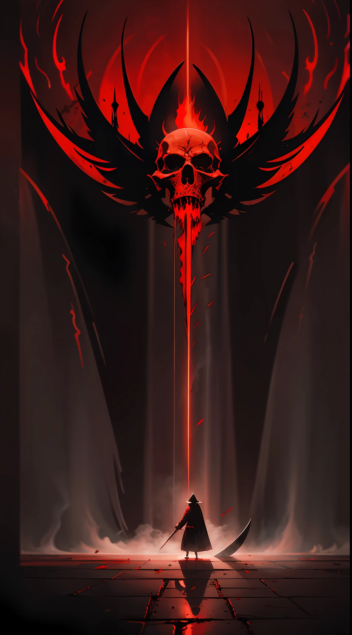 Butcher, black robe, red, blood, smoke, haunting, broken, long knife, ancient, mysterious, terror, evil, flying liquid, mysterious, ancient, Bauhaus art, dramatic lights,
