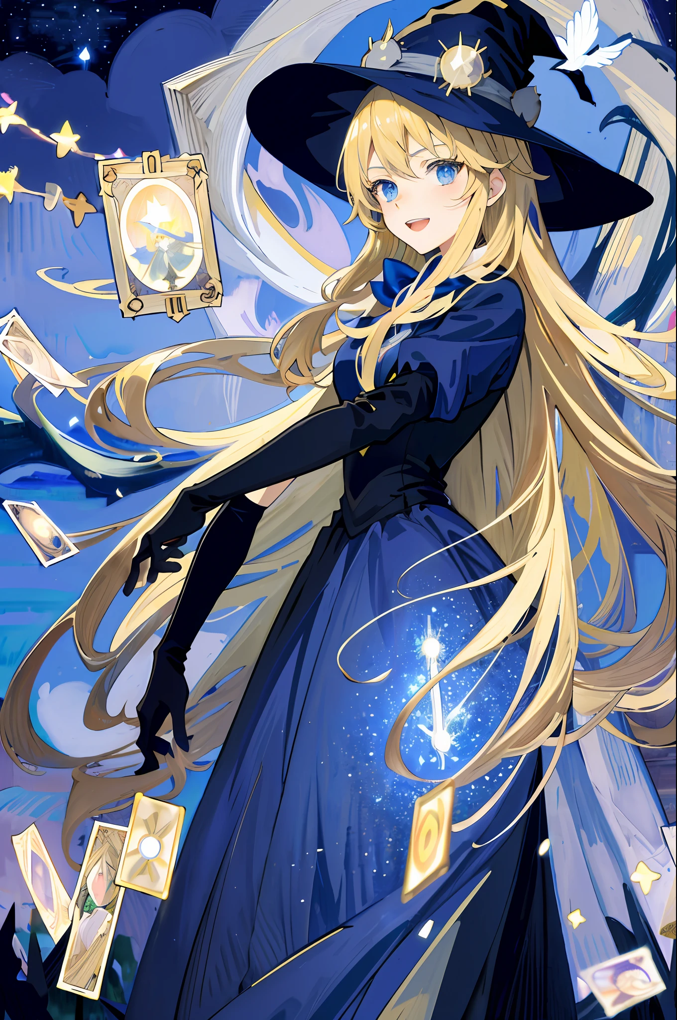 ((masterpiece:1.2, best quality)), 1girl, solo, (witch hat), blonde hair, long hair, dress, aurora, night, star (sky), gloves, sky, white dress, night sky, open mouth, starry sky, blue eyes, ribbon, very long hair, red dress, smile, hair ribbon, cape, blue hair, (bird), magic, casting spell, dark clouds, night, (impressionism:1.4), (tarot:1.3), alphonse mucha, Anime Comics, Manga