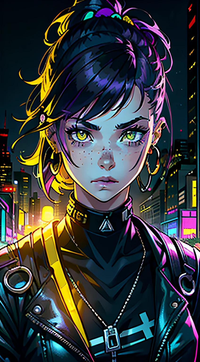 1girl,solo,colorful,yellow eyes,cyberpunk,city,peace sign,earrings,purple hair,eye patche,freckles,prothesis,mechanic,neon,beautiful lighting,purple reflection,cap,smoking,character focus,cg illustration,bust shot,yellow and black outfit,black hair,