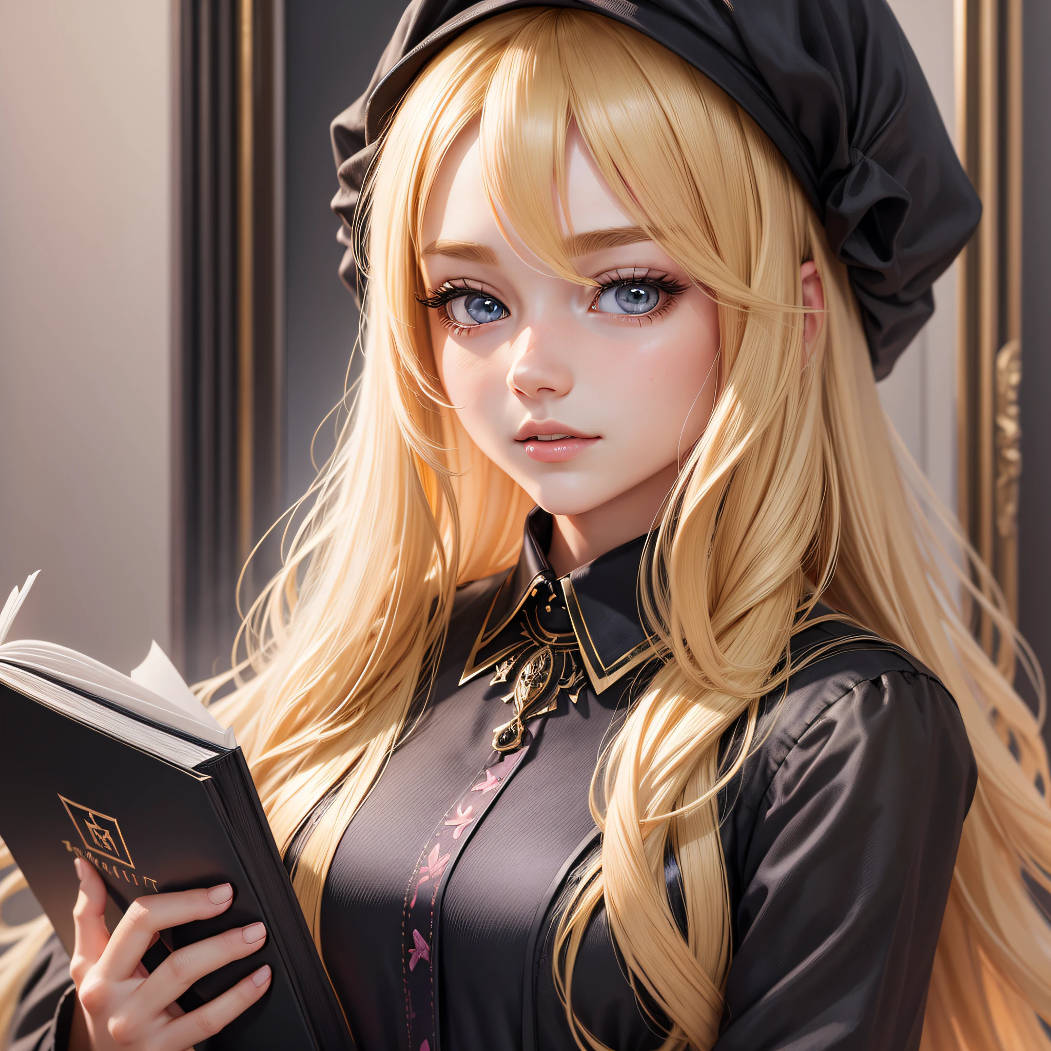 (detailed description) (best quality) a girl with long blonde hair holding a black book, wearing a pink dress --auto --s2