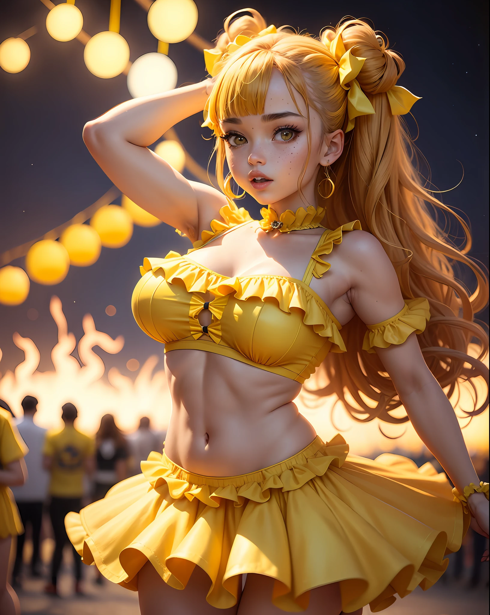 A beautiful girl wearing themed miniskirt with ruffle, bows in hair, braids, (((yellow))), high quality costume, rave outfit, cute rave outfit, wearing yellow croptop, bold rave outfit, with yellow cloths, yellow wavy hair theme, orange and yellow costume, northeastern junina party, junina party costume, sexy big boobs, neckline, freckles, St. John's bonfire at night,