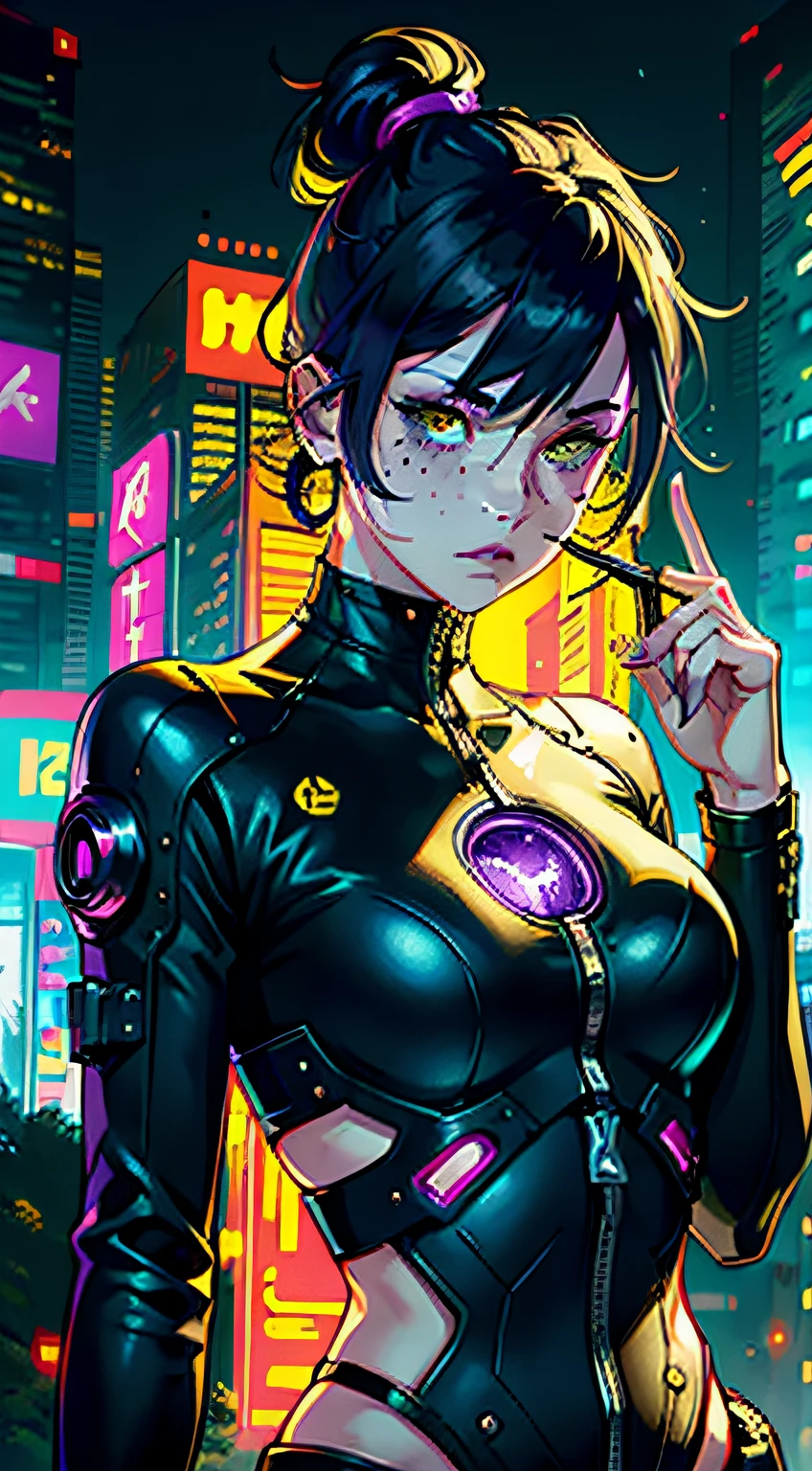 1girl,solo,colorful,yellow eyes,cyberpunk,city,peace sign,earrings,purple hair,eye patche,freckles,prothesis,mechanic,neon,beautiful lighting,purple reflection,cap,smoking,character focus,cg illustration,bust shot,yellow and black outfit,black hair,