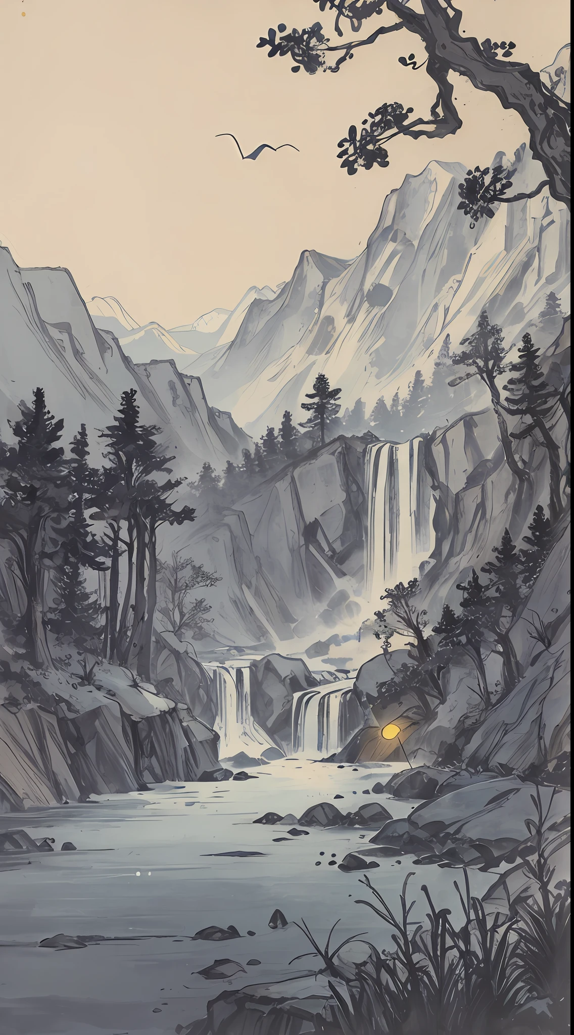 Mountains, waterfalls, full moons, trees, fireflies, silhouettes, diaphragms.