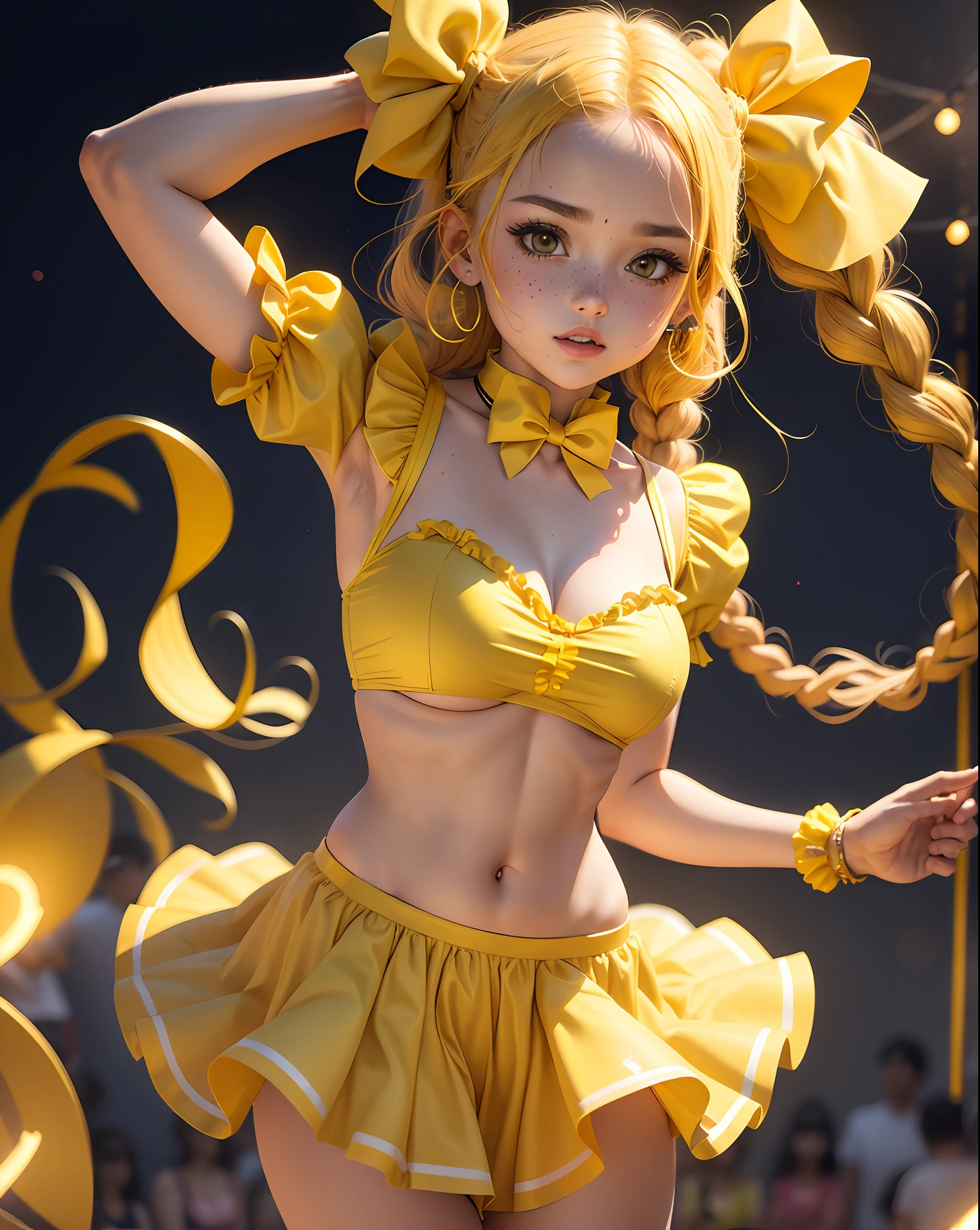 A beautiful girl wearing themed miniskirt with ruffle, bows in hair, braids, (((yellow))), high quality costume, rave outfit, cute rave outfit, wearing yellow croptop, bold rave outfit, with yellow cloths, yellow wavy hair theme, orange and yellow costume, northeastern junina party, junina party costume, sexy big boobs, neckline, freckles, St. John's bonfire at night,