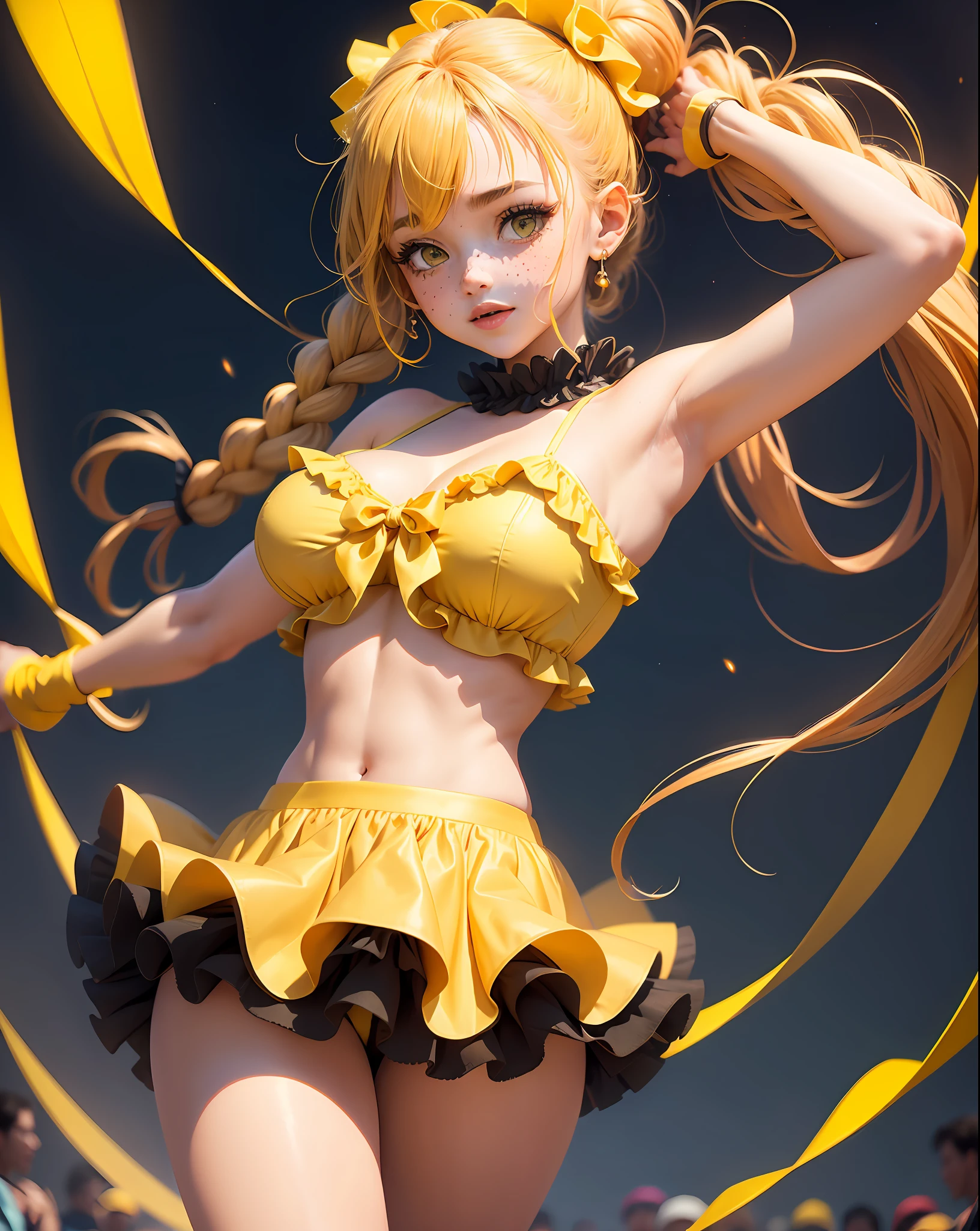 A beautiful girl wearing themed miniskirt with ruffle, bows in hair, braids, (((yellow))), high quality costume, rave outfit, cute rave outfit, wearing yellow croptop, bold rave outfit, with yellow cloths, yellow wavy hair theme, orange and yellow costume, northeastern junina party, junina party costume, sexy big boobs, neckline, freckles, St. John's bonfire at night,
