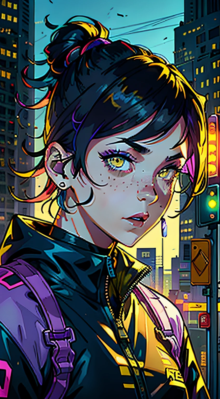 1girl,solo,colorful,yellow eyes,cyberpunk,city,peace sign,earrings,purple hair,eye patche,freckles,prothesis,mechanic,neon,beautiful lighting,purple reflection,cap,smoking,character focus,cg illustration,bust shot,yellow and black outfit,black hair,