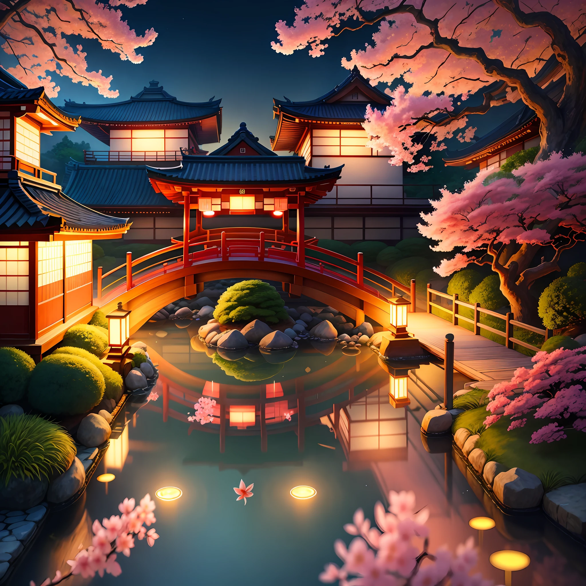 (digital painting),(best quality), serene Japanese garden, cherry blossoms in full bloom, koi pond, footbridge, pagoda, Ukiyo-e art style, Hokusai inspiration, Deviant Art popular, 8k ultra-realistic, pastel color scheme, soft lighting, golden hour, tranquil atmosphere, landscape orientation